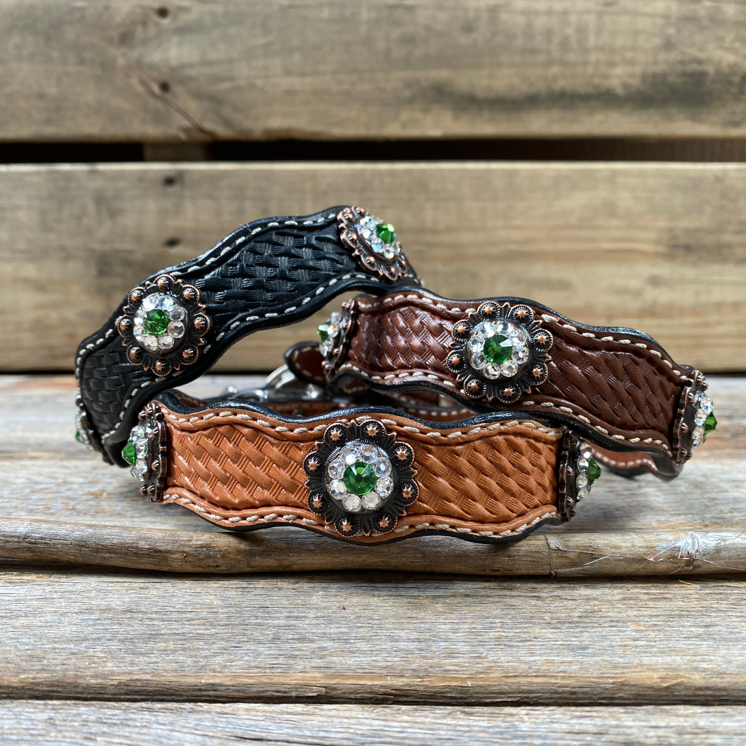 Leather Dog Collar With Copper Fern and Clear Conchos 10