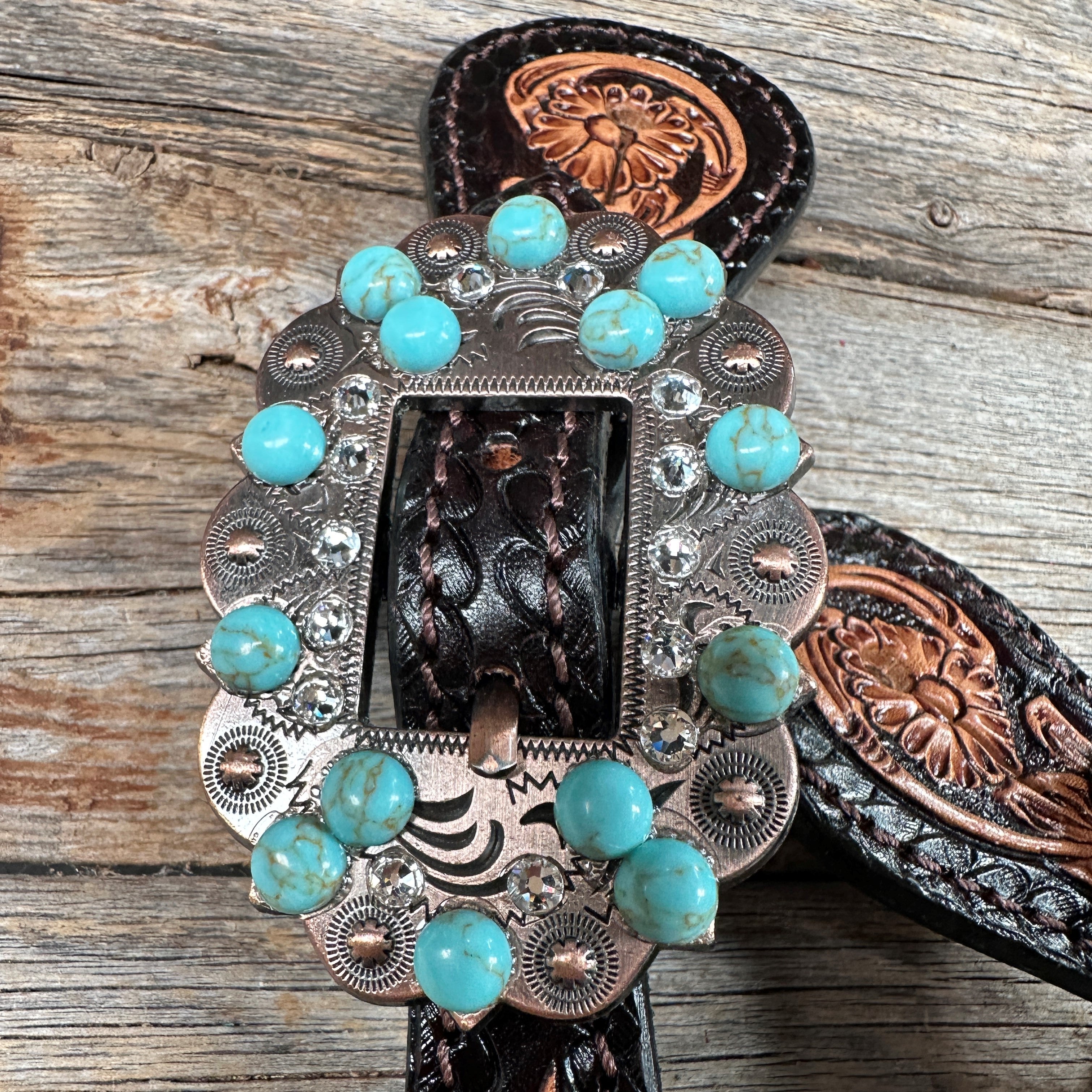 Two Tone Floral Spur Straps - Copper Turquoise & Clear Crystal Conchos #SS117
