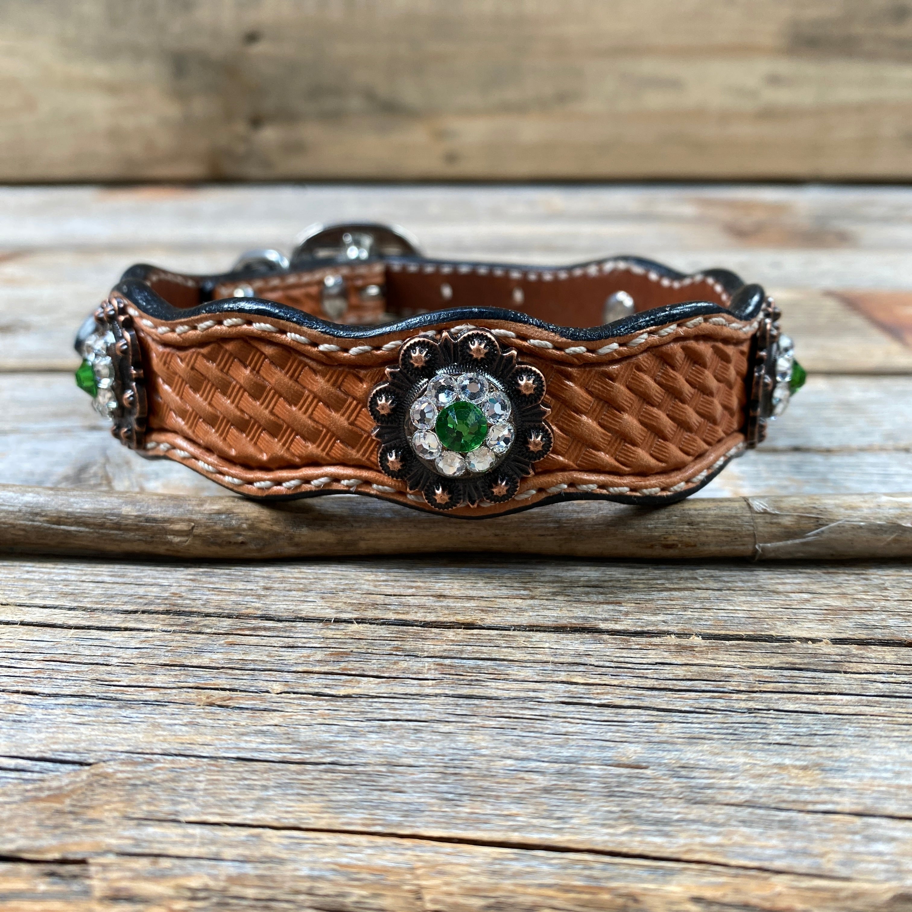 Leather Dog Collar With Copper Fern and Clear Conchos 10" to 22" -DC11
