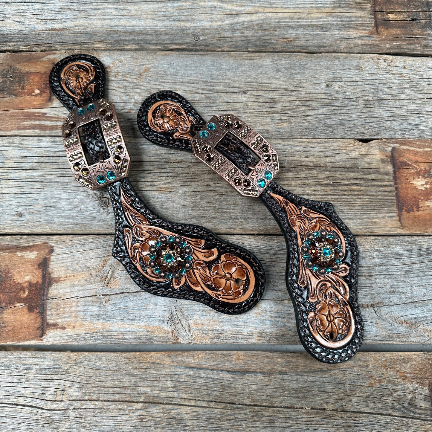 Two Tone Floral Spur Straps - Copper Teal & Topaz Crystal Conchos #SS118