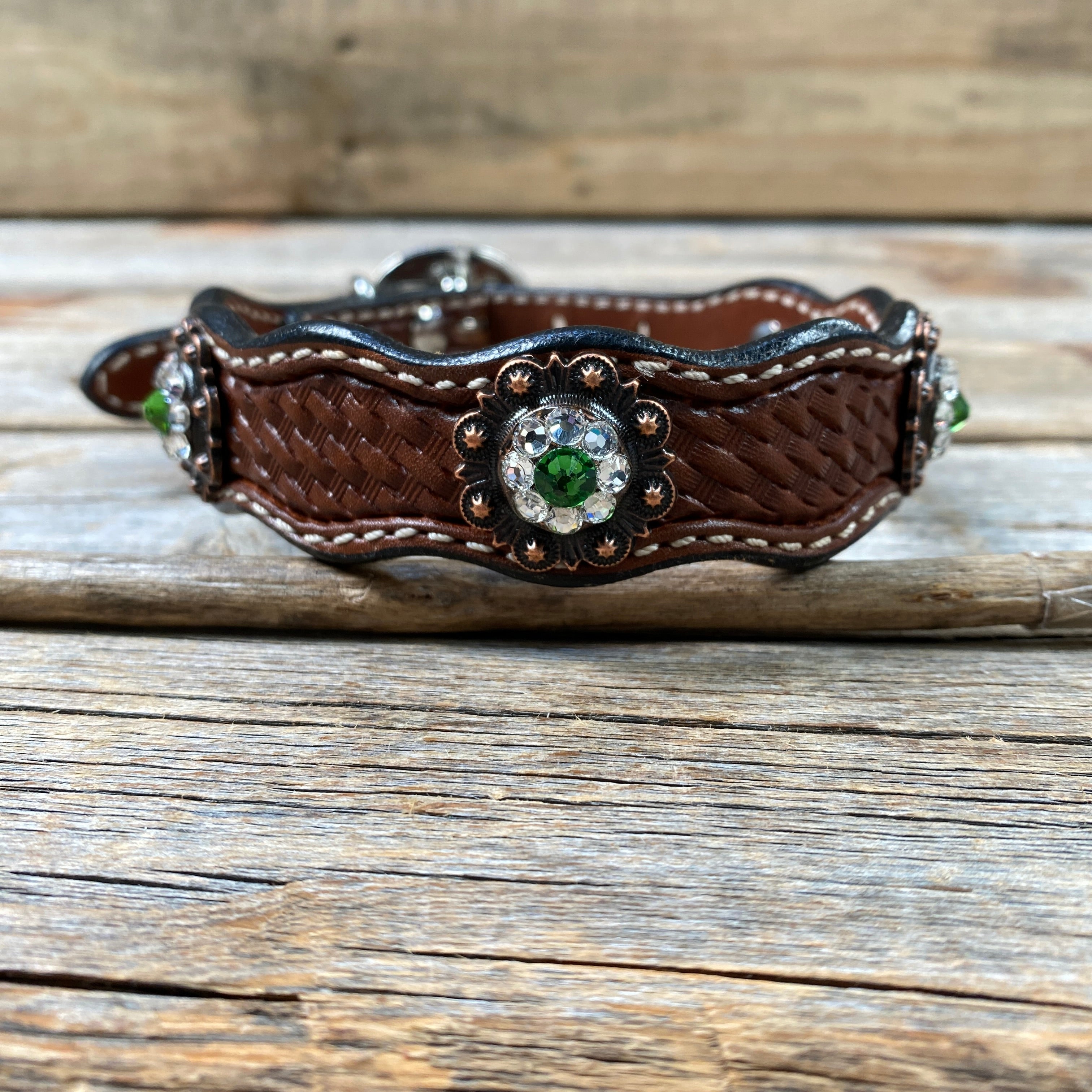 Leather Dog Collar With Copper Fern and Clear Conchos 10" to 22" -DC11