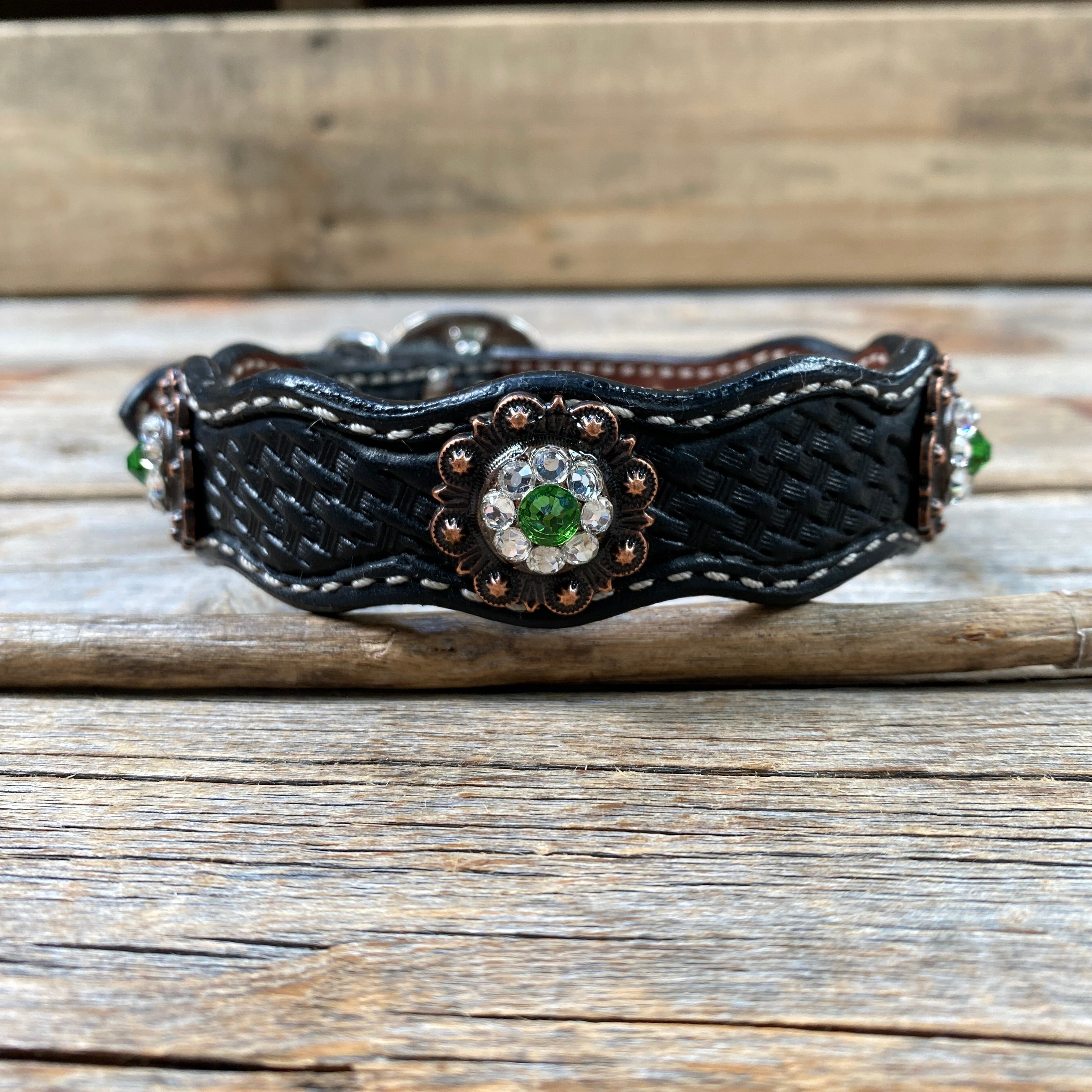 Leather Dog Collar With Copper Fern and Clear Conchos 10" to 22" -DC11