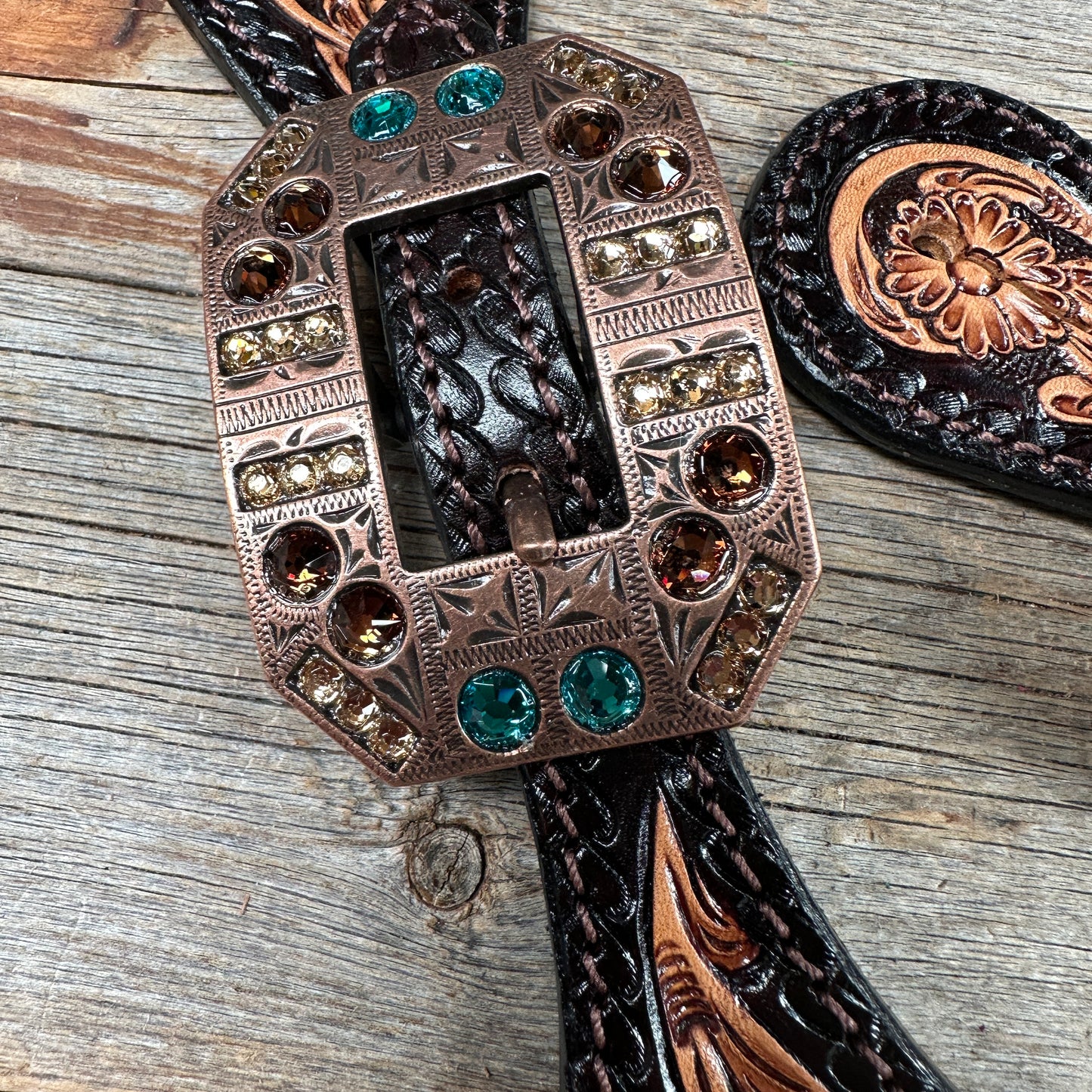 Two Tone Floral Spur Straps - Copper Teal & Topaz Crystal Conchos #SS118