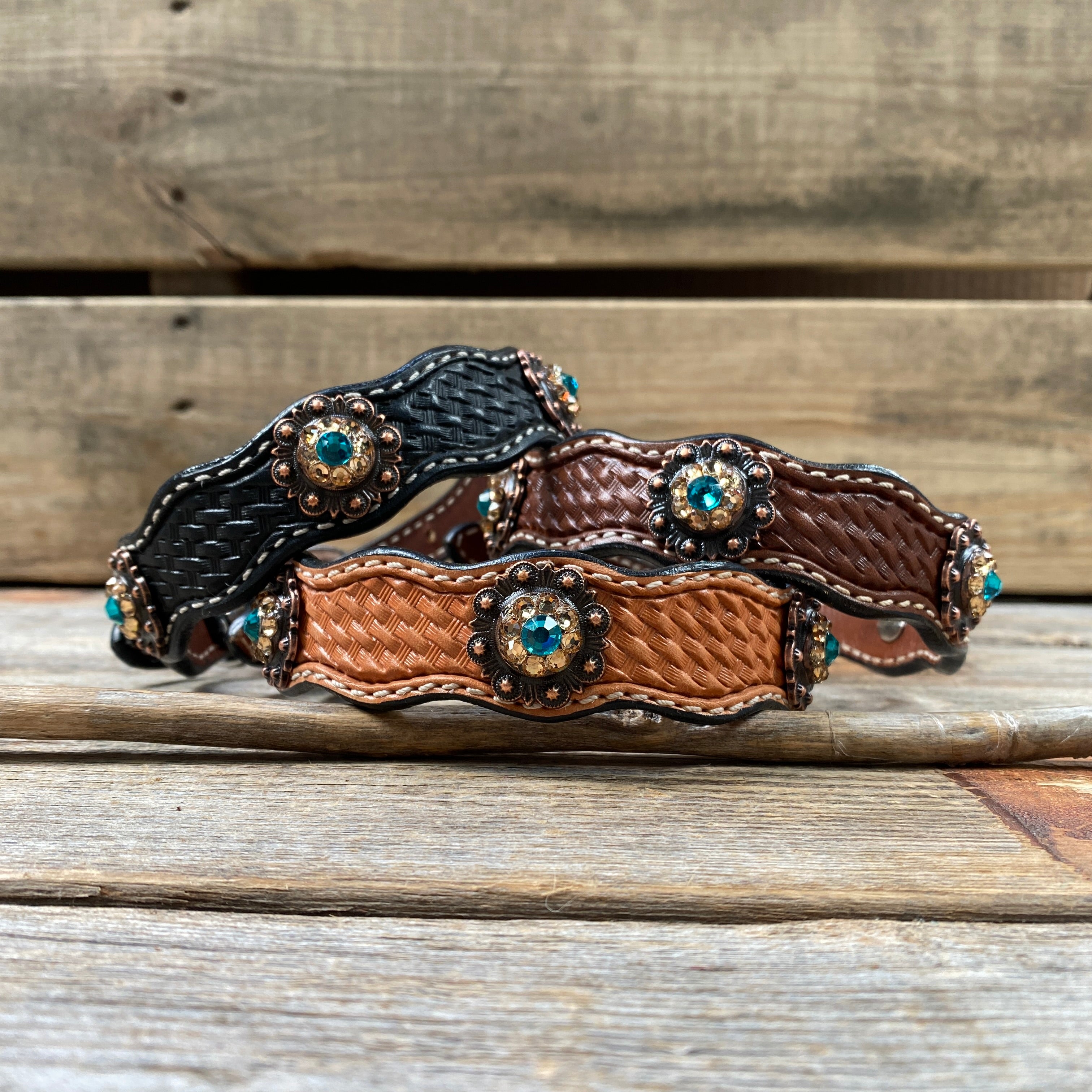 Leather Dog Collar With Copper Teal and Champagne Conchos 10" to 22" -DC24