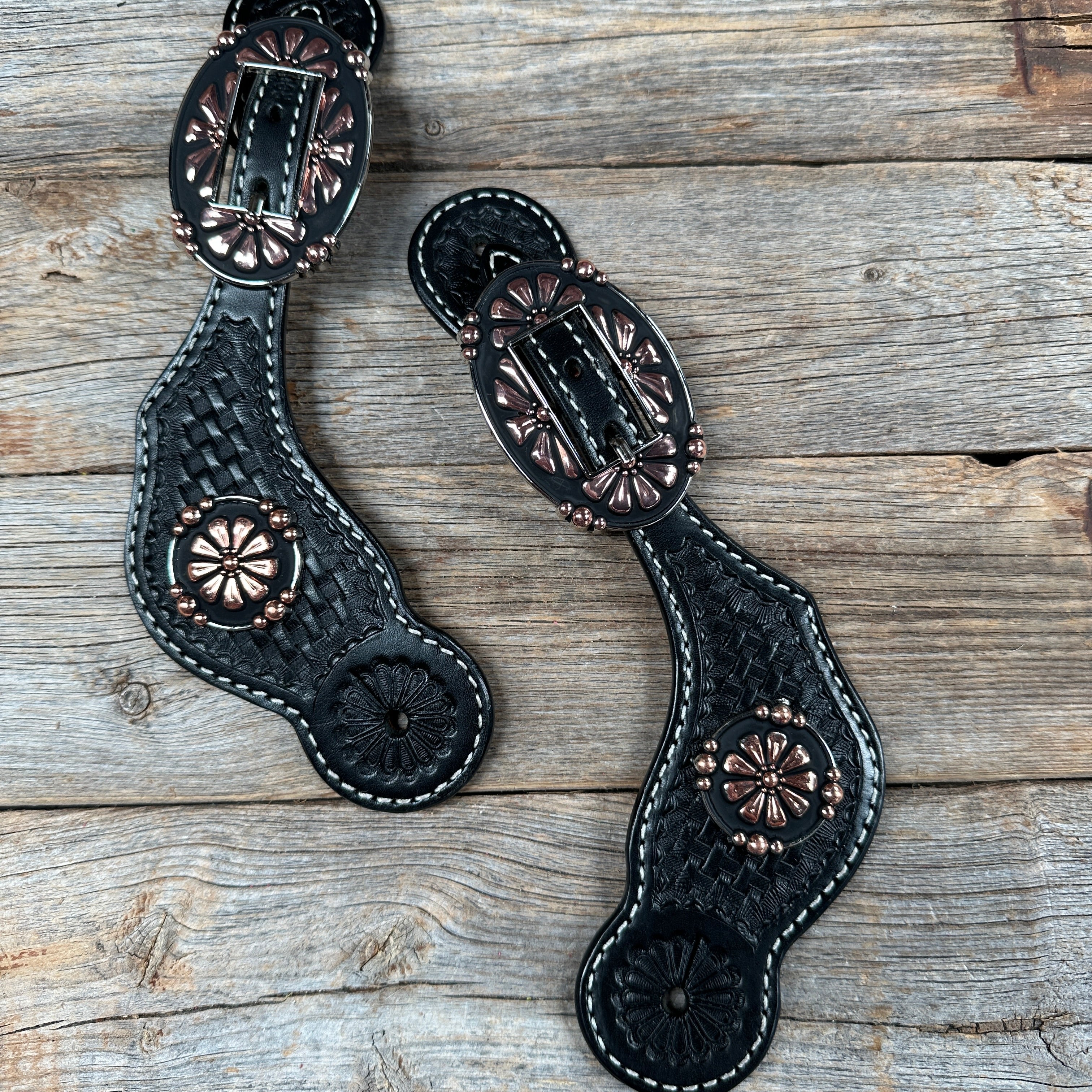 Black Basketweave Spur Straps - Copper Flower #SS119
