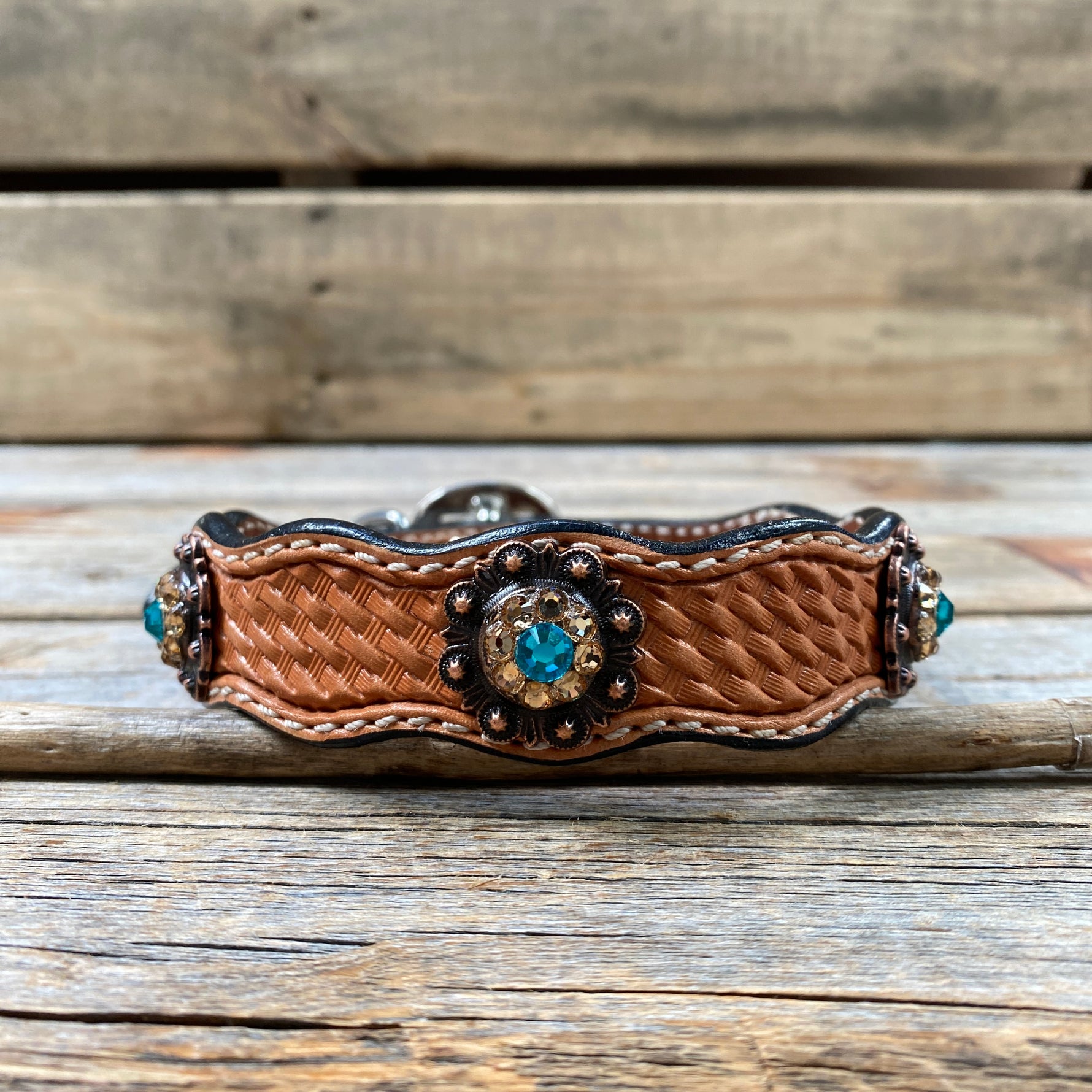 Genuine Leather Dog Collar or Leash  With Copper Teal and Champagne Conchos 10" to 22" orDC24