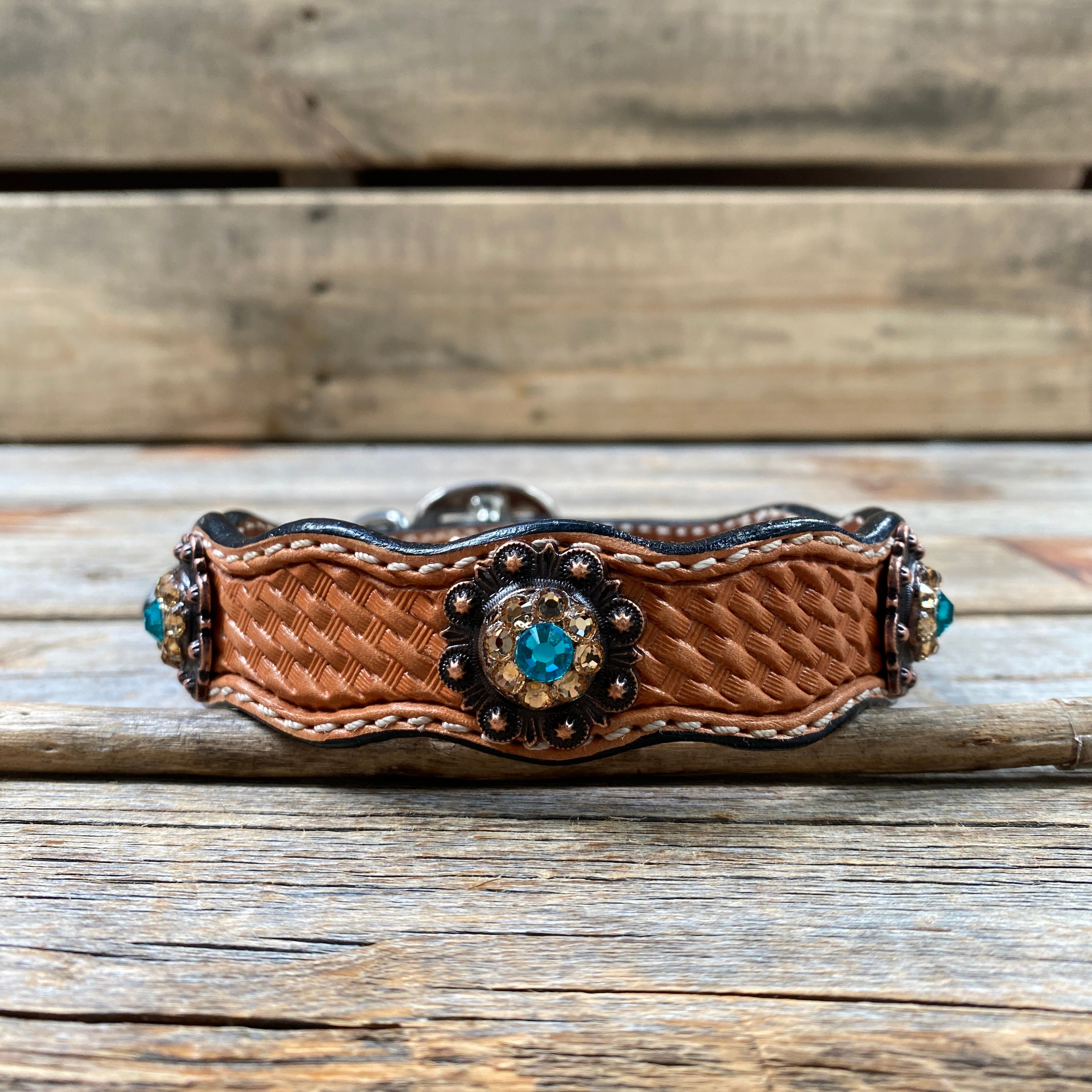Leather Dog Collar With Copper Teal and Champagne Conchos 10