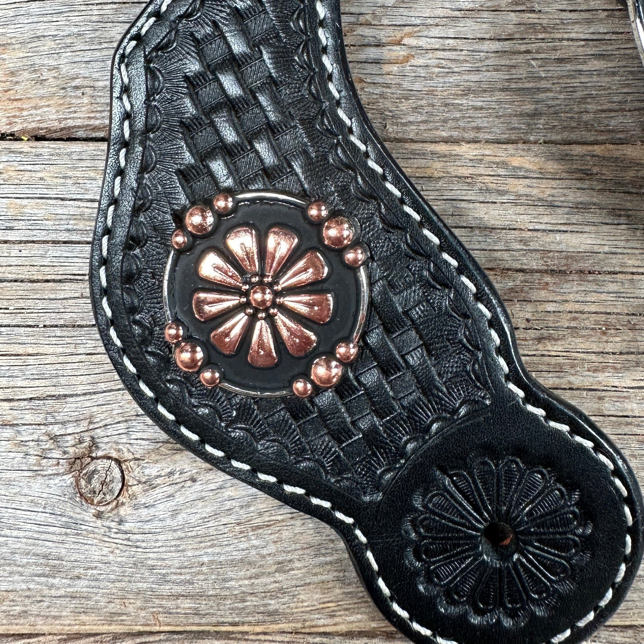 Black Basketweave Spur Straps - Copper Flower #SS119
