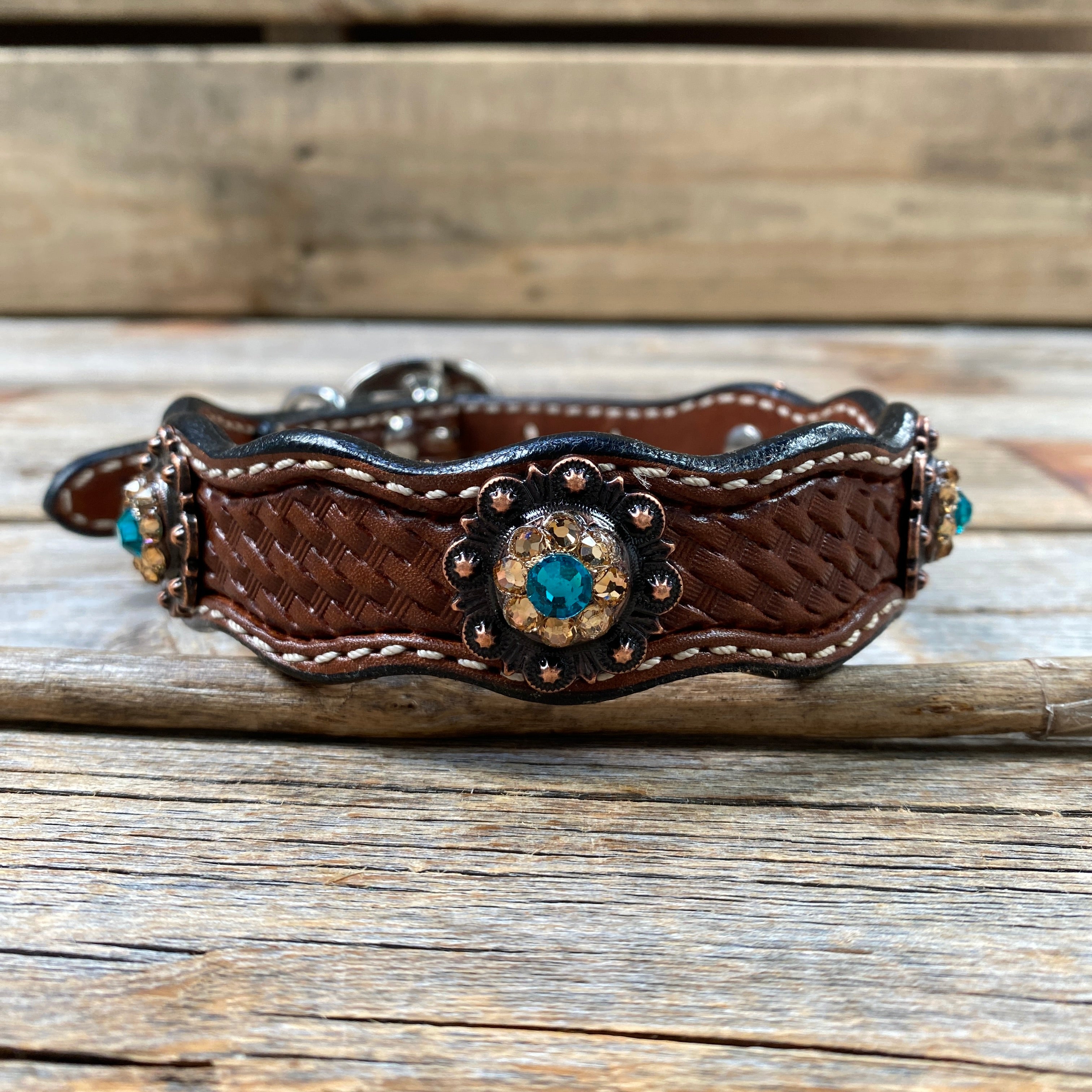 Leather Dog Collar With Copper Teal and Champagne Conchos 10