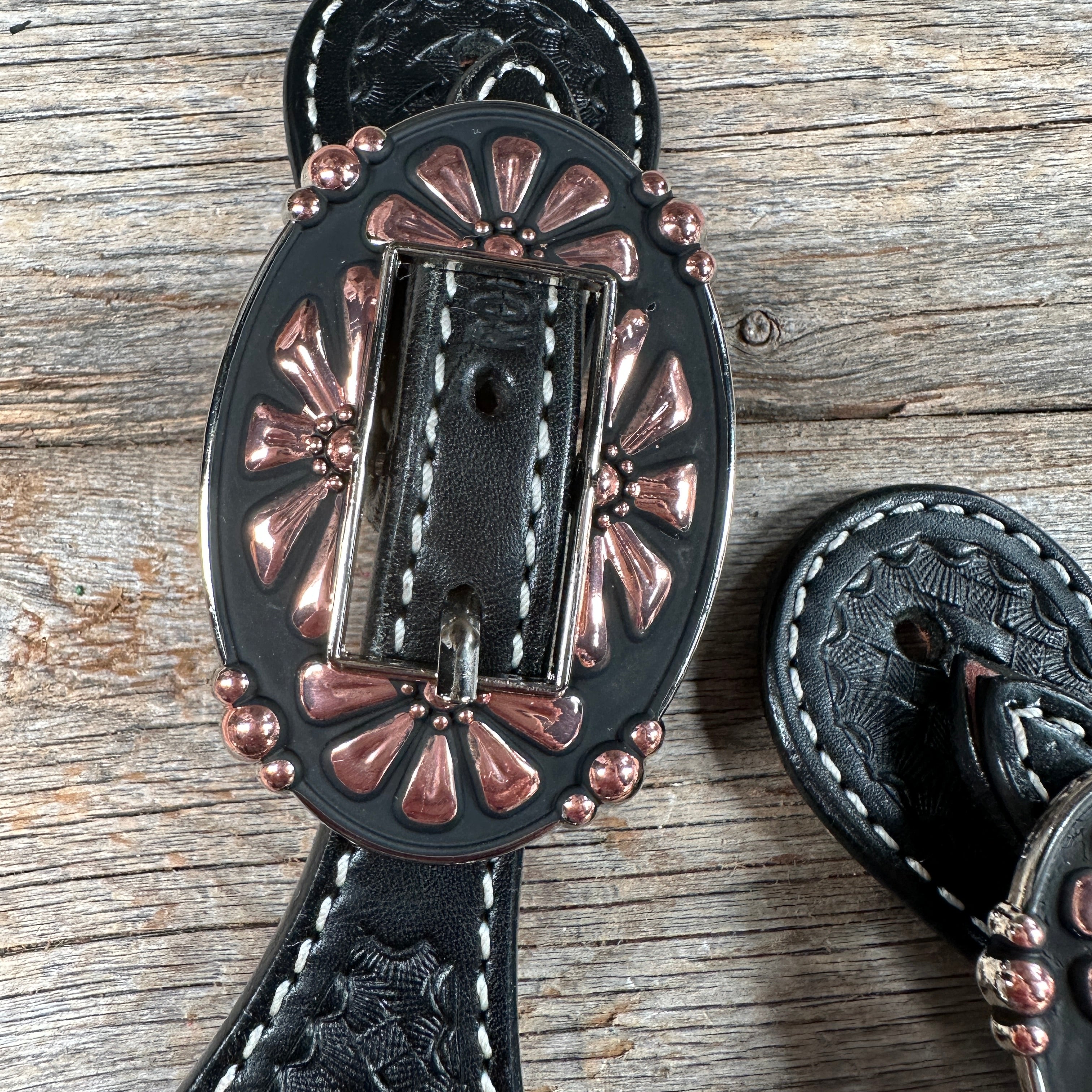 Black Basketweave Spur Straps - Copper Flower #SS119