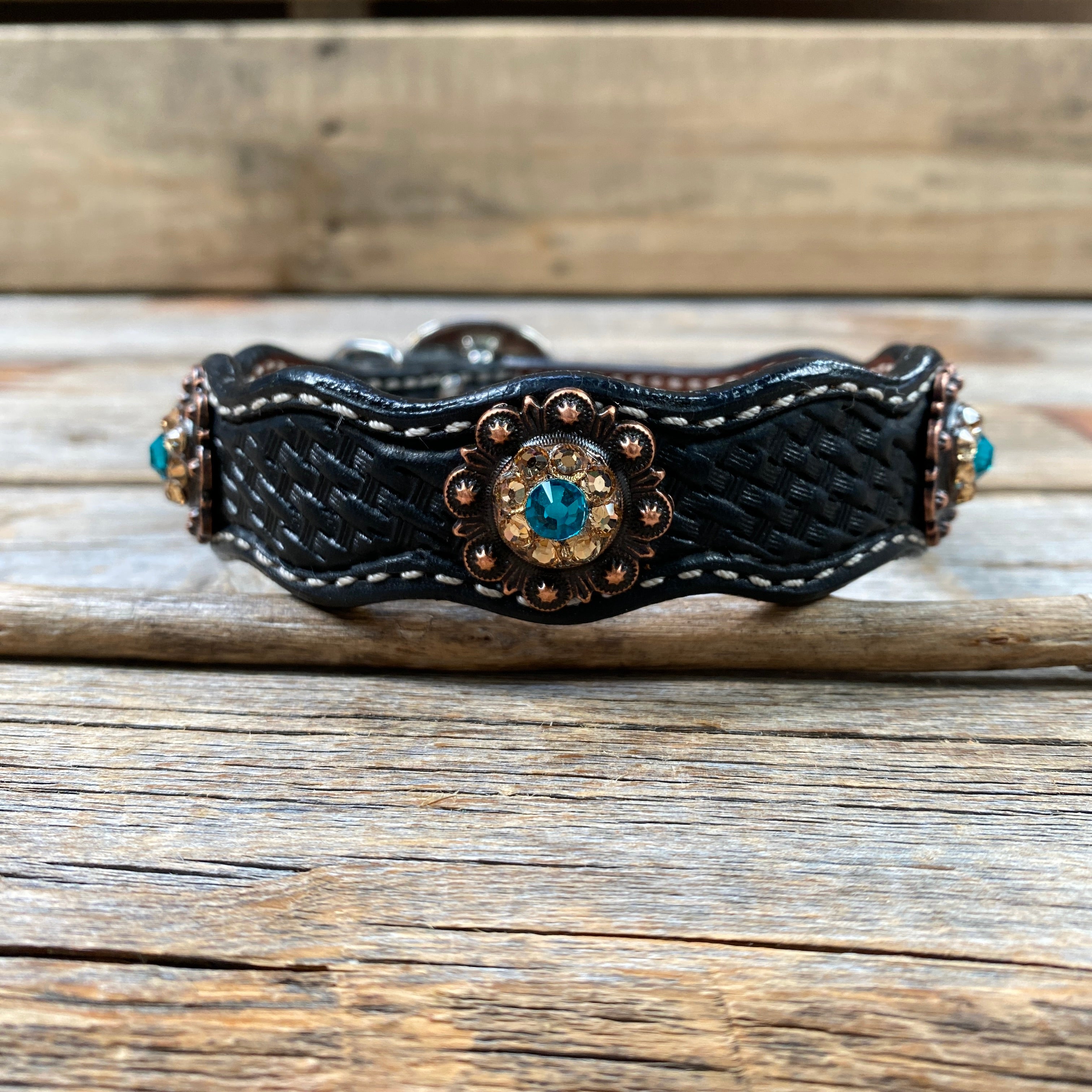 Leather Dog Collar With Copper Teal and Champagne Conchos 10" to 22" -DC24