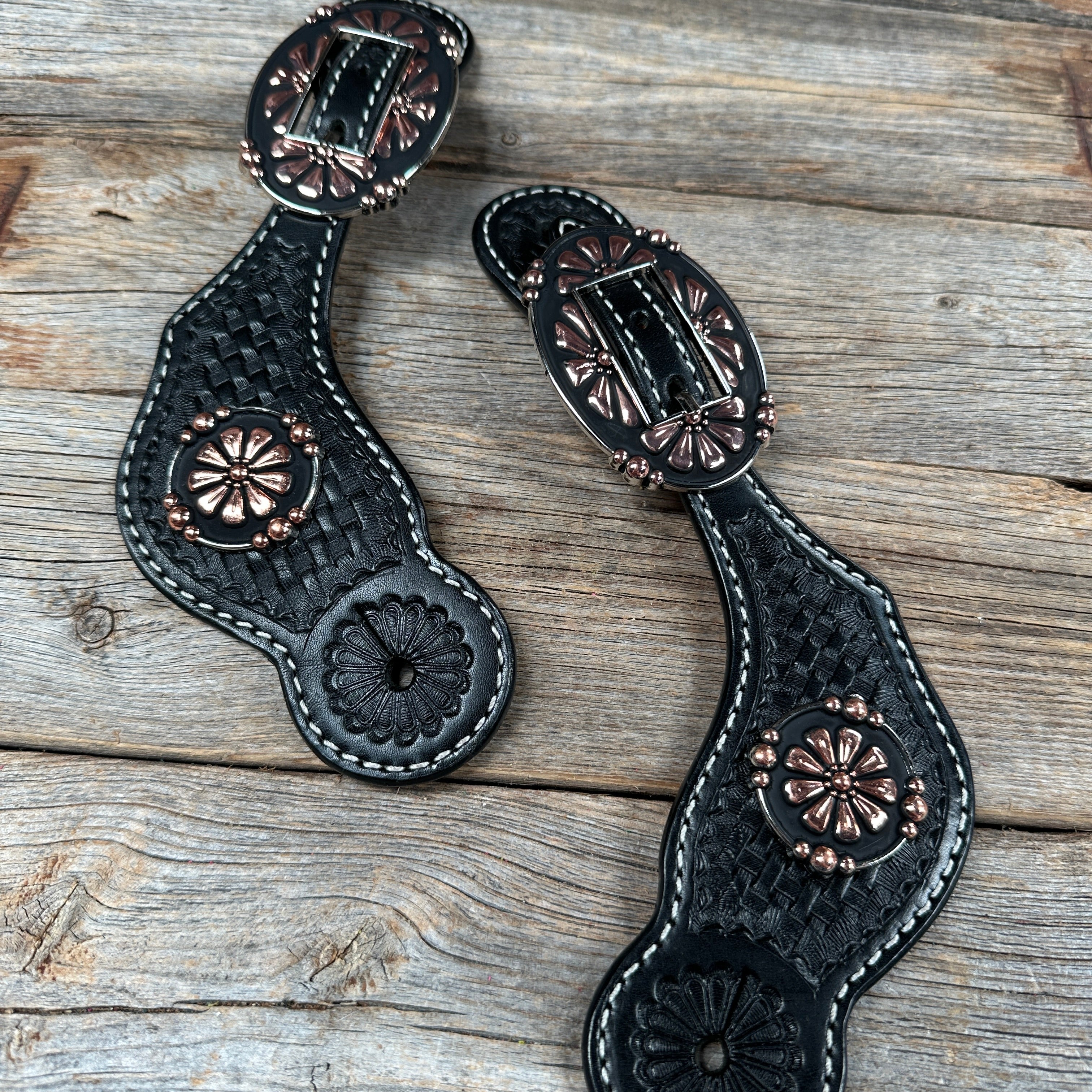 Black Basketweave Spur Straps - Copper Flower #SS119