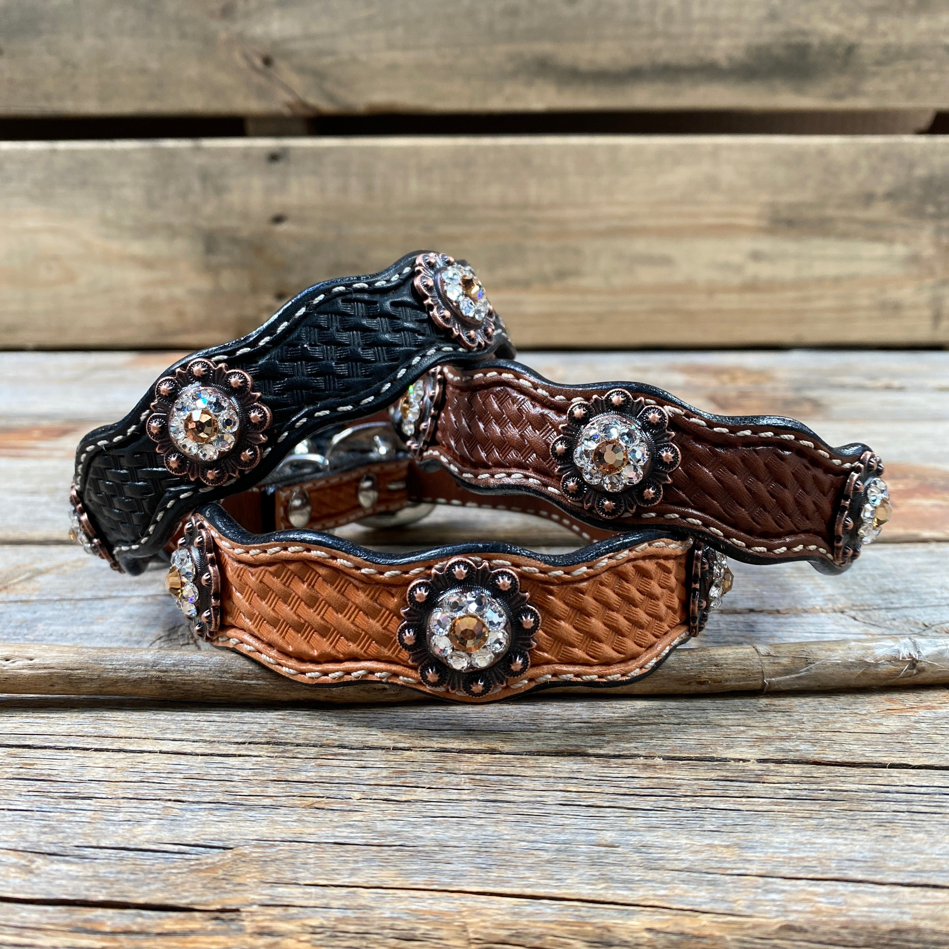Leather Dog Collar With Copper Champagne and Clear Conchos 10