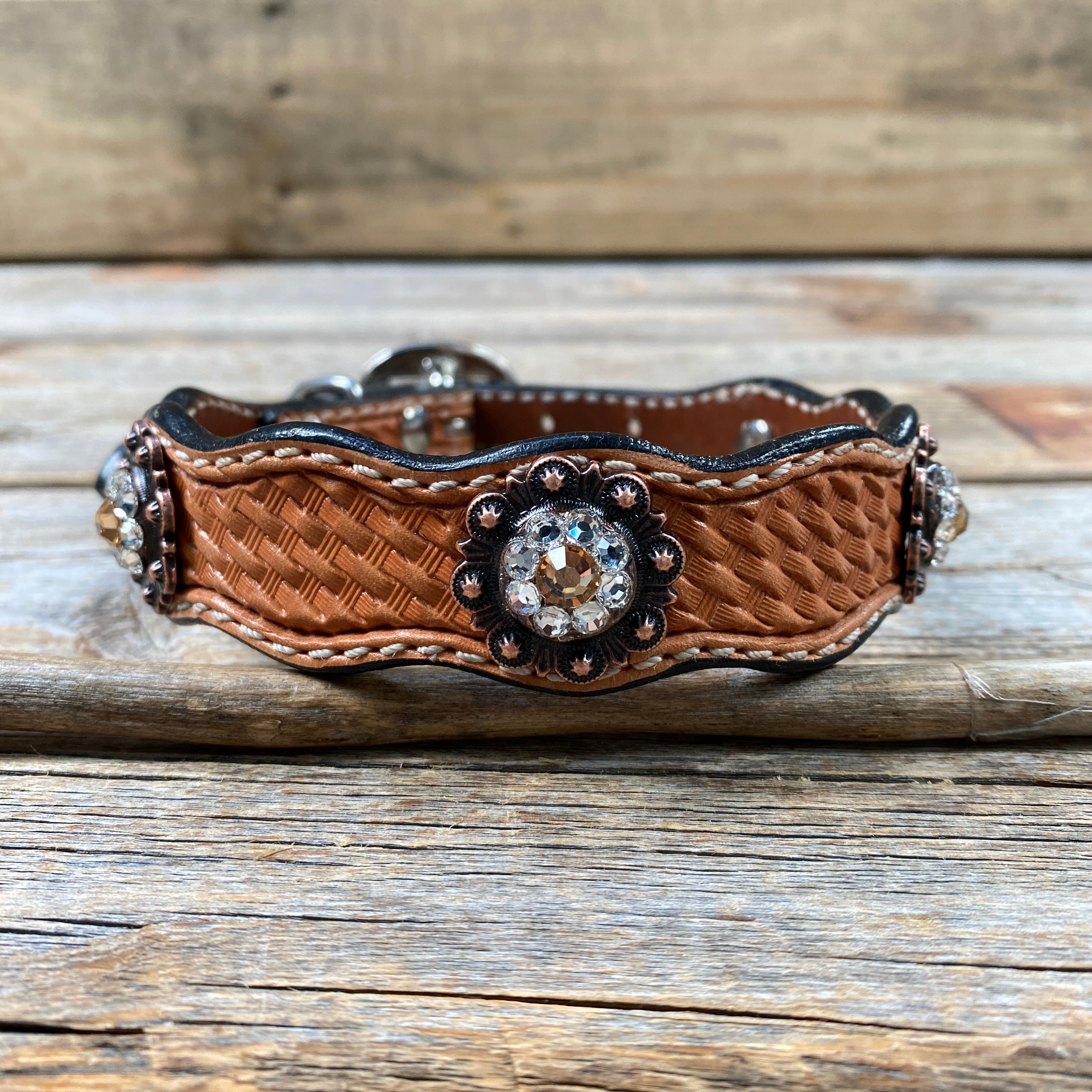 Leather Dog Collar With Copper Champagne and Clear Conchos 10" to 22" -DC34