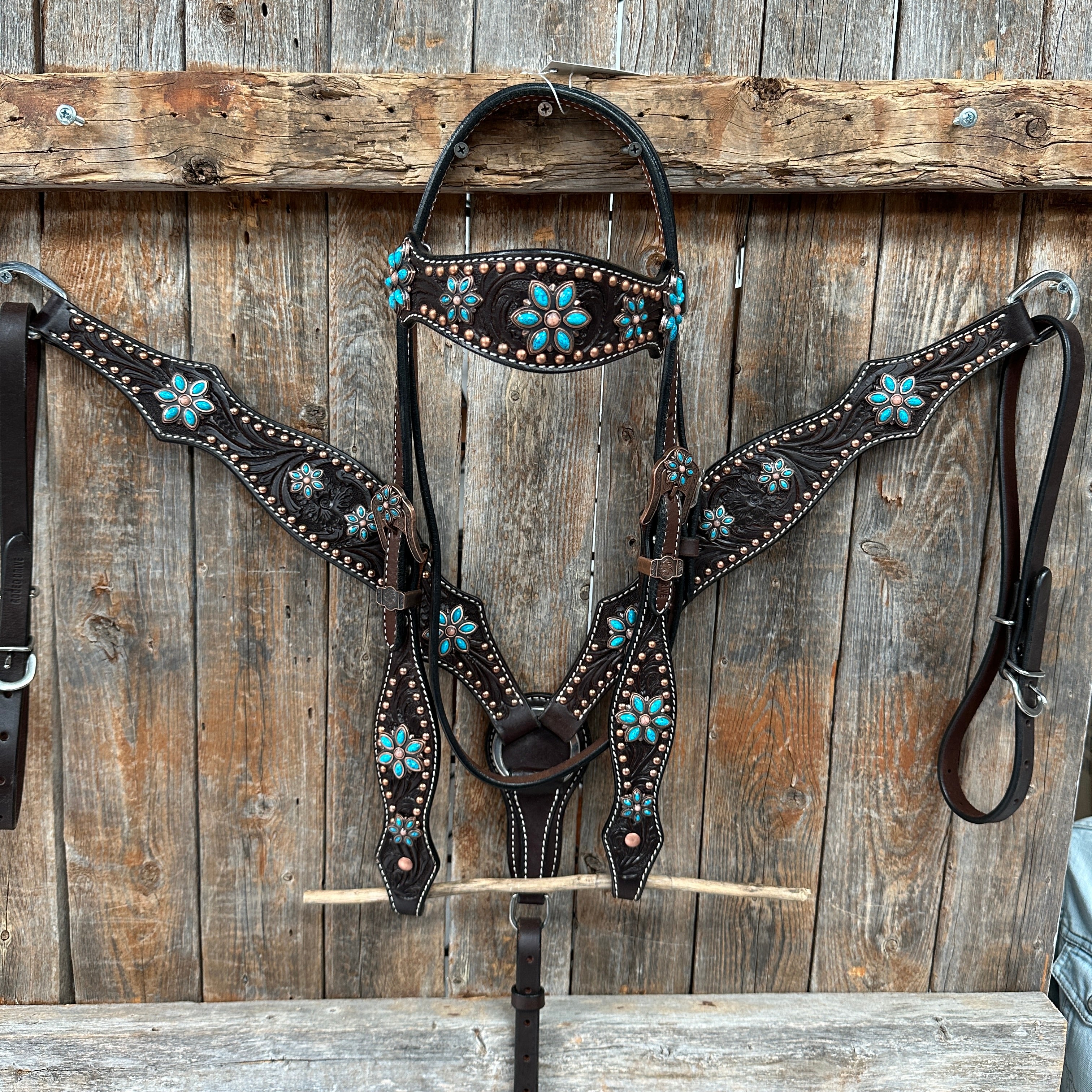 Dark Oil Turquoise Floral One Ear / Browband & Breastcollar Tack Set #OEBC433