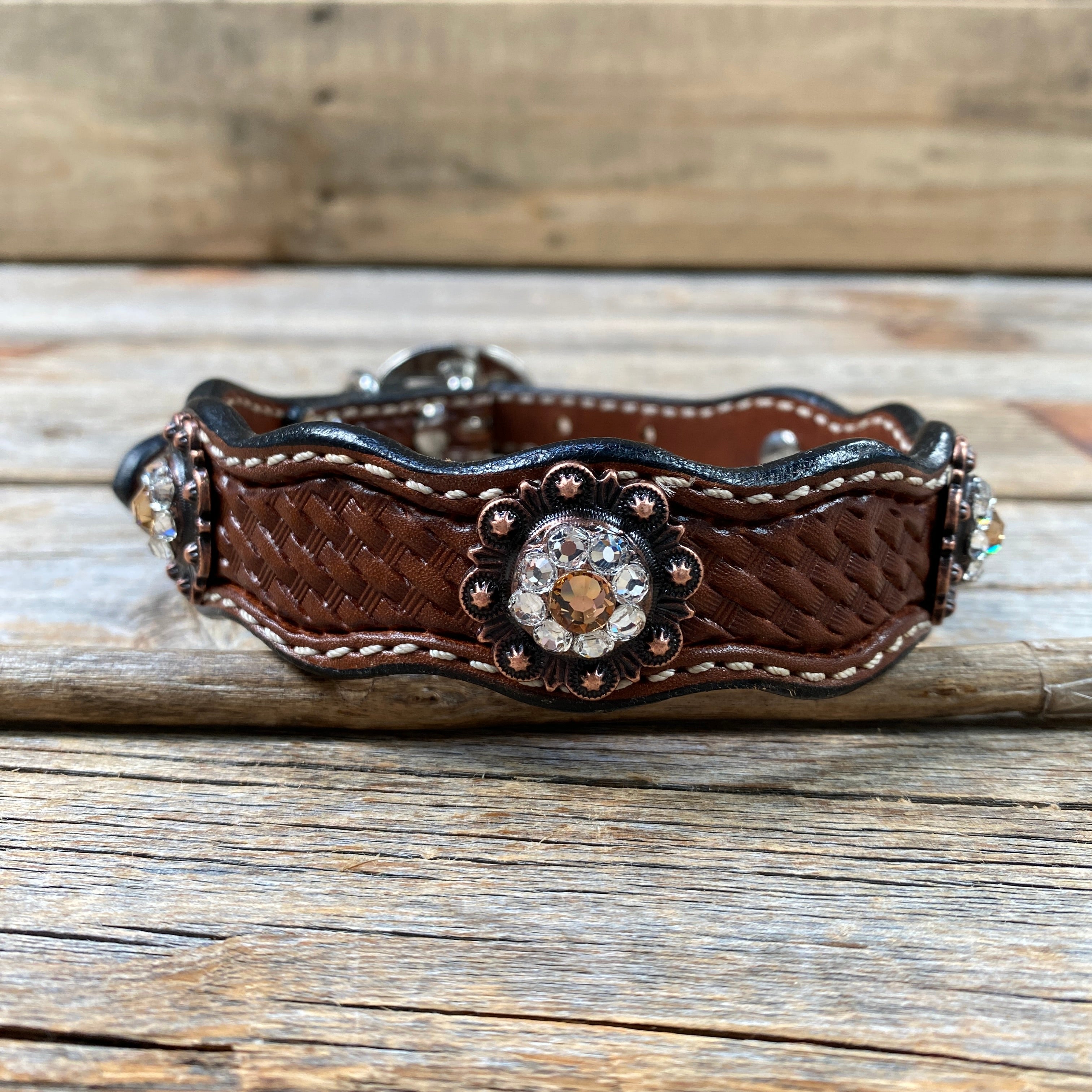 Leather Dog Collar With Copper Champagne and Clear Conchos 10" to 22" -DC34