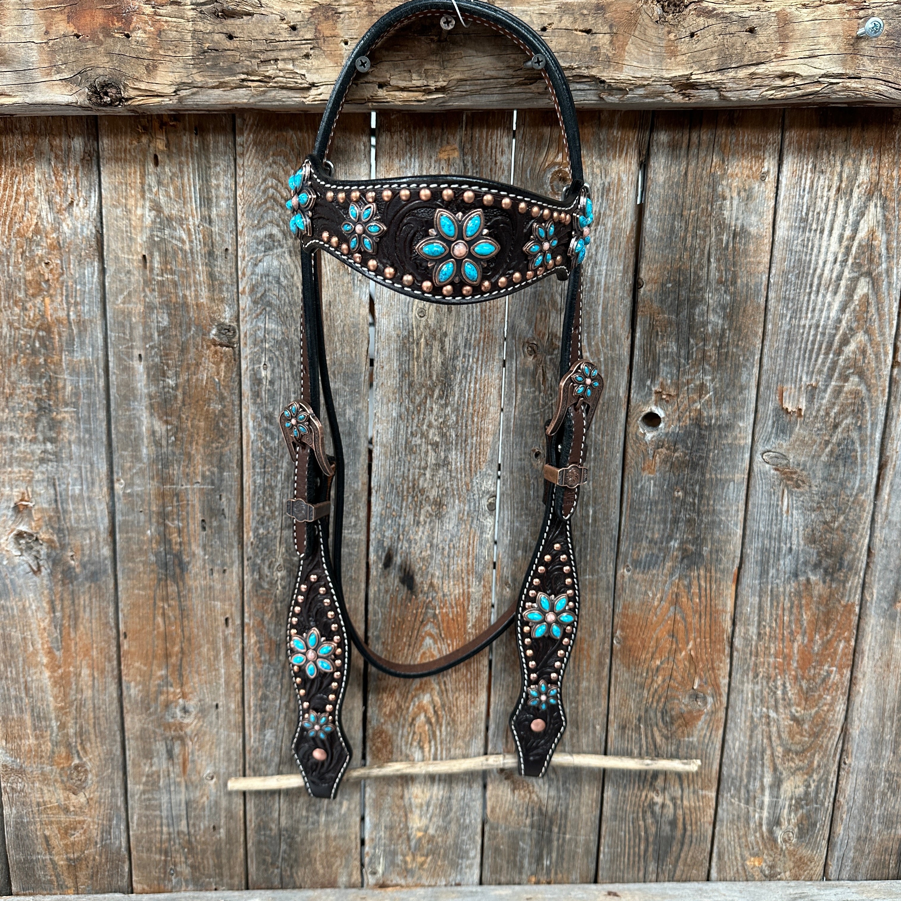 Dark Oil Turquoise Floral One Ear / Browband & Breastcollar Tack Set #OEBC433