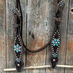 Dark Oil Turquoise Floral One Ear / Browband & Breastcollar Tack Set #OEBC433