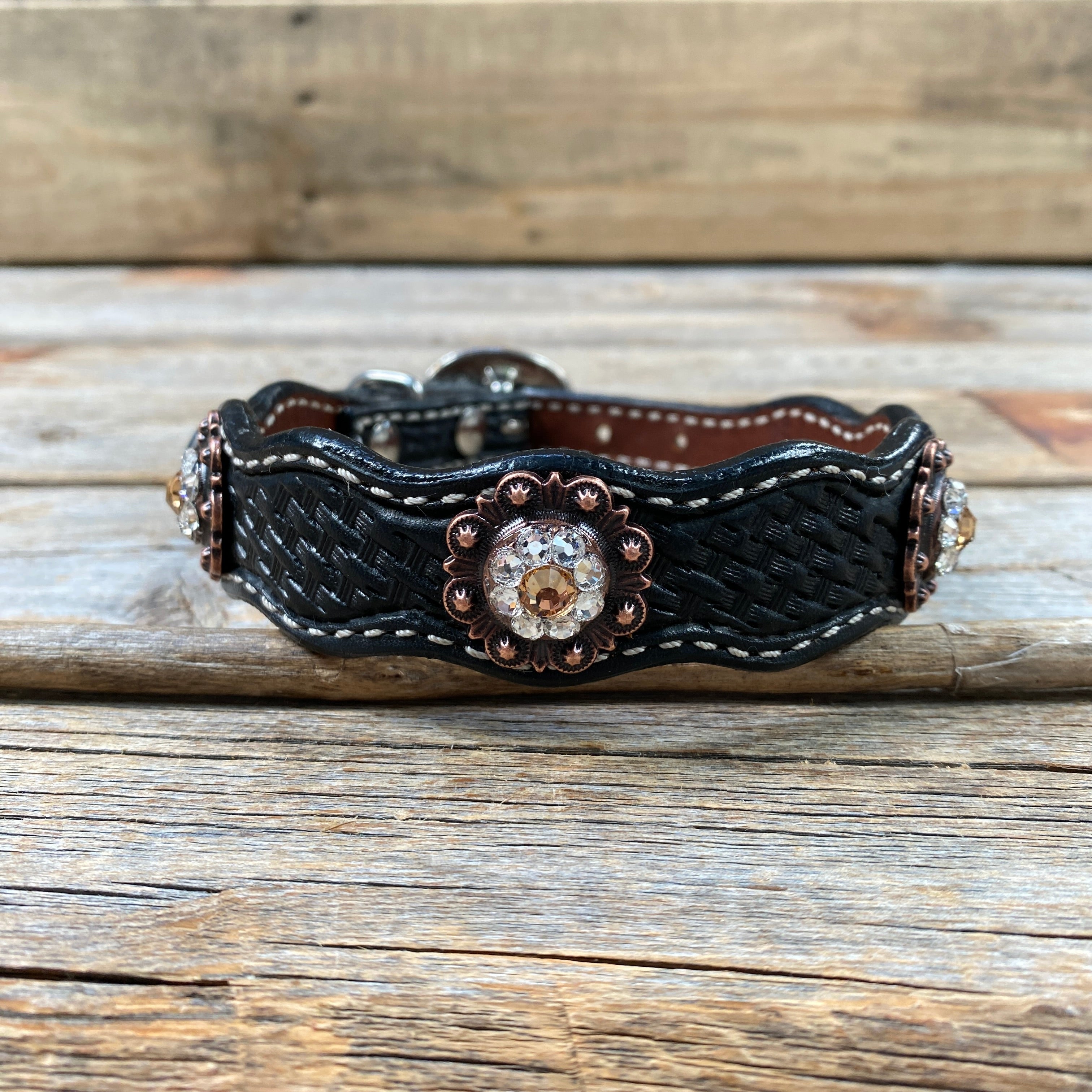 Leather Dog Collar With Copper Champagne and Clear Conchos 10