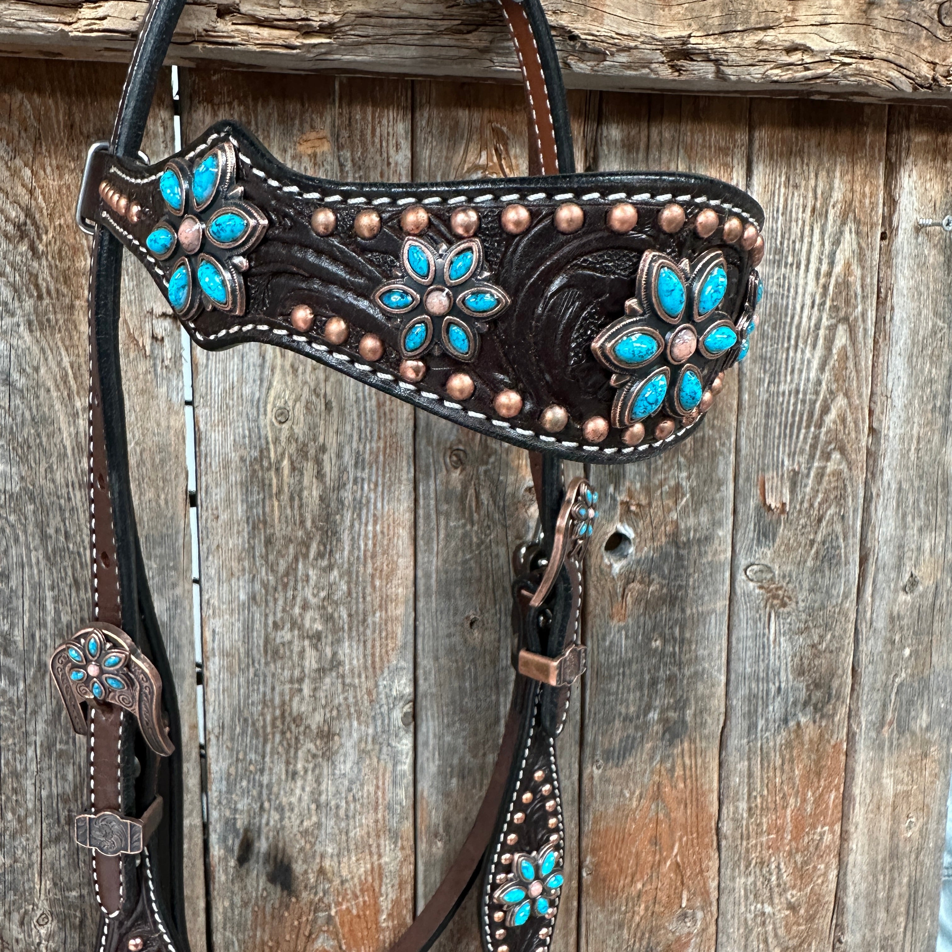 Dark Oil Turquoise Floral One Ear / Browband & Breastcollar Tack Set #OEBC433