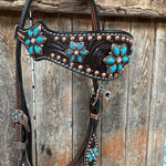 Dark Oil Turquoise Floral One Ear / Browband & Breastcollar Tack Set #OEBC433