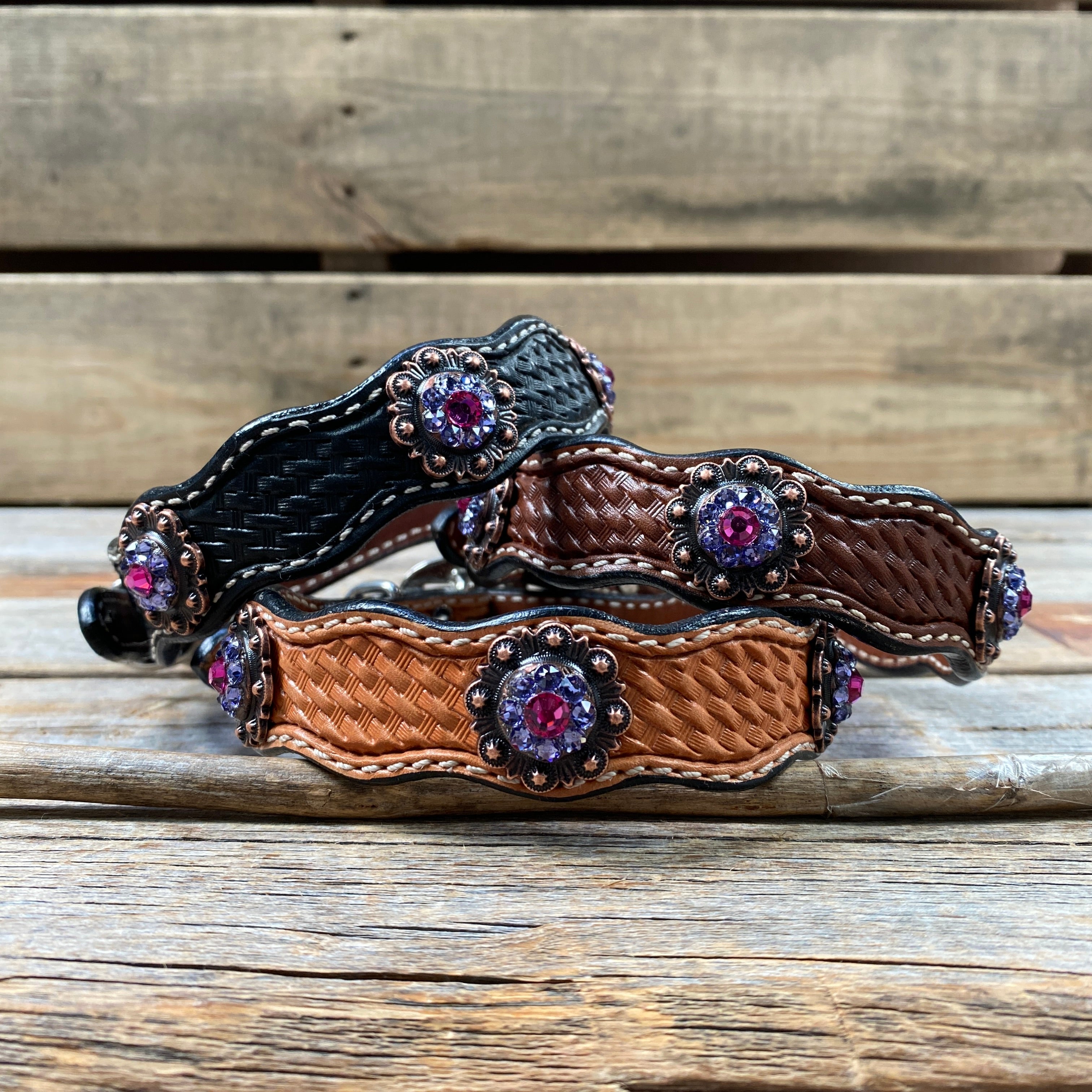 Leather Dog Collar With Copper Fuchsia and Lilac Conchos 10" to 22" -DC35