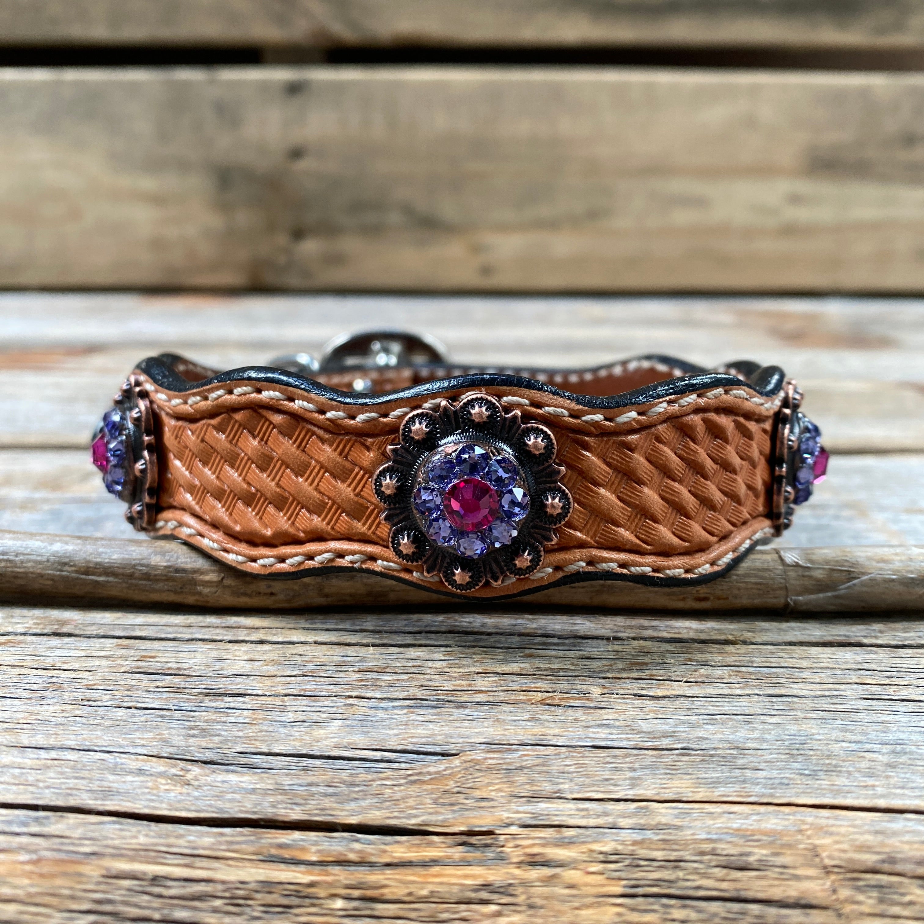 Leather Dog Collar With Copper Fuchsia and Lilac Conchos 10" to 22" -DC35
