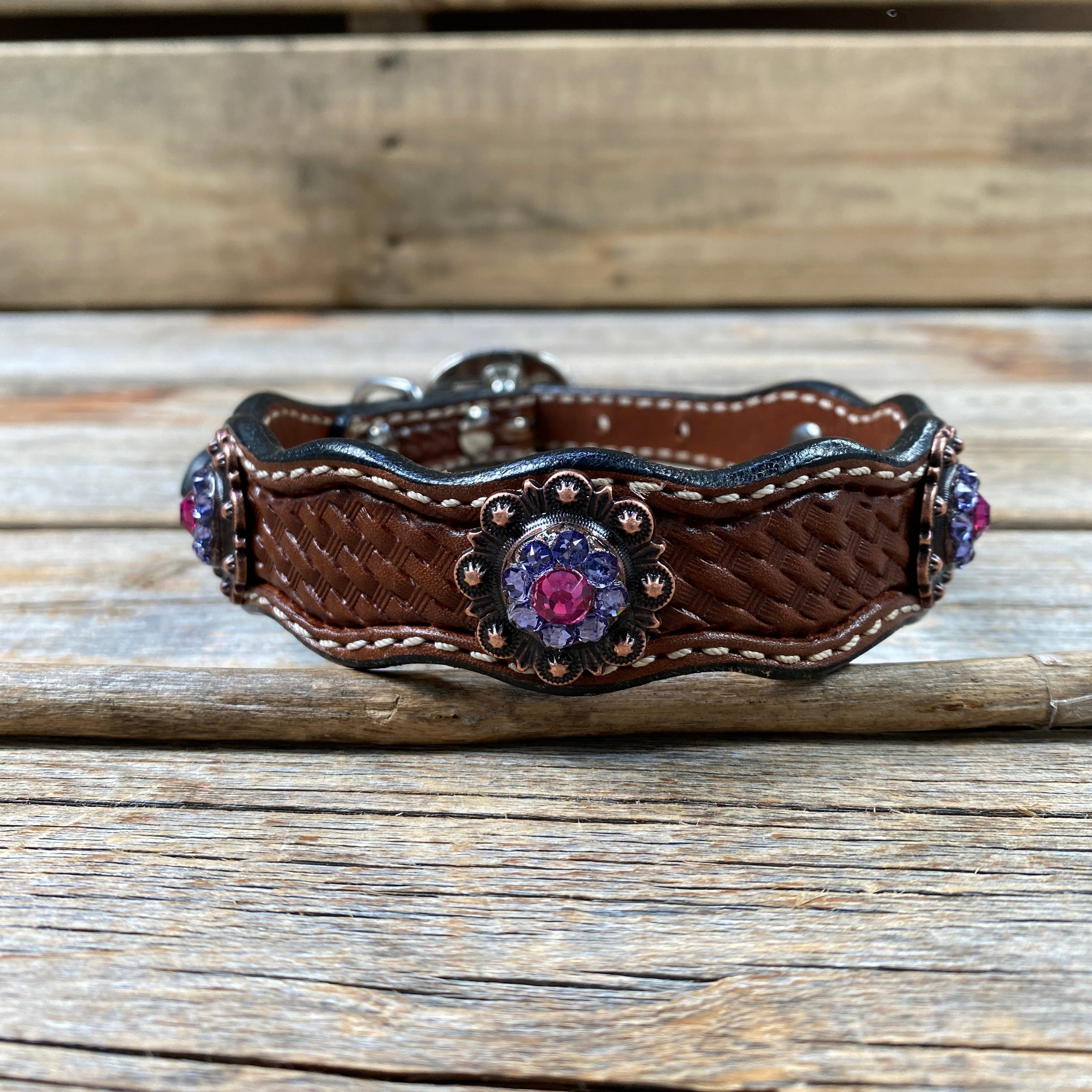 Leather Dog Collar With Copper Fuchsia and Lilac Conchos 10