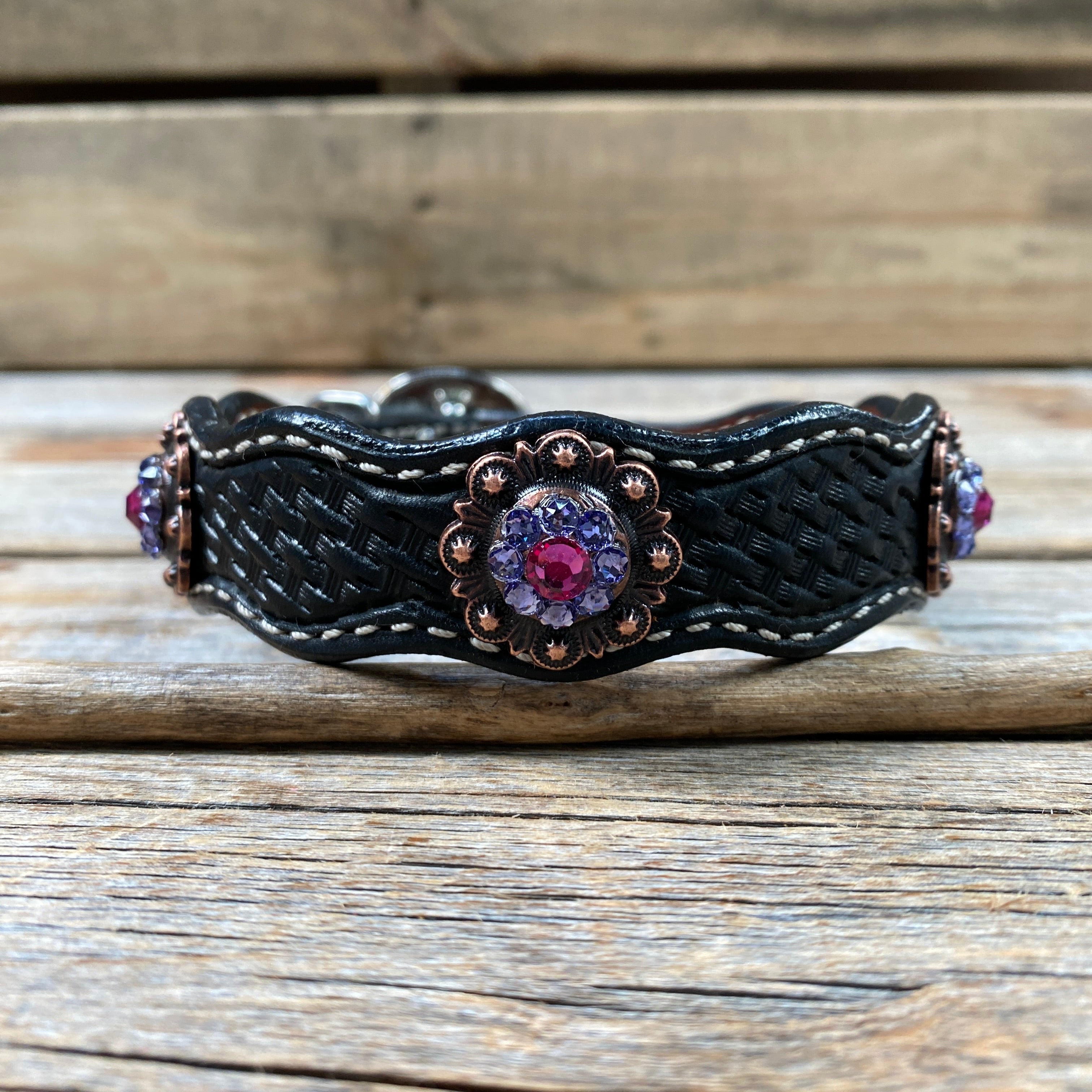 Leather Dog Collar With Copper Fuchsia and Lilac Conchos 10" to 22" -DC35