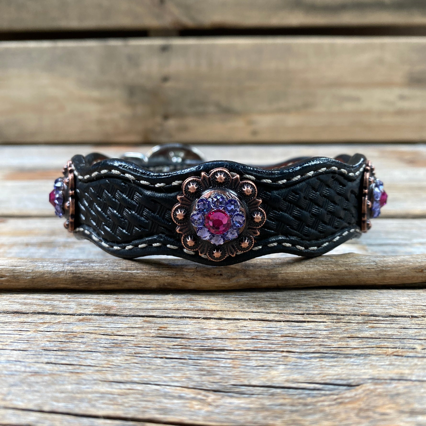 Genuine Leather Dog Collar or Leash With Copper Fuchsia and Lilac Conchos 10" to 22" orDC35