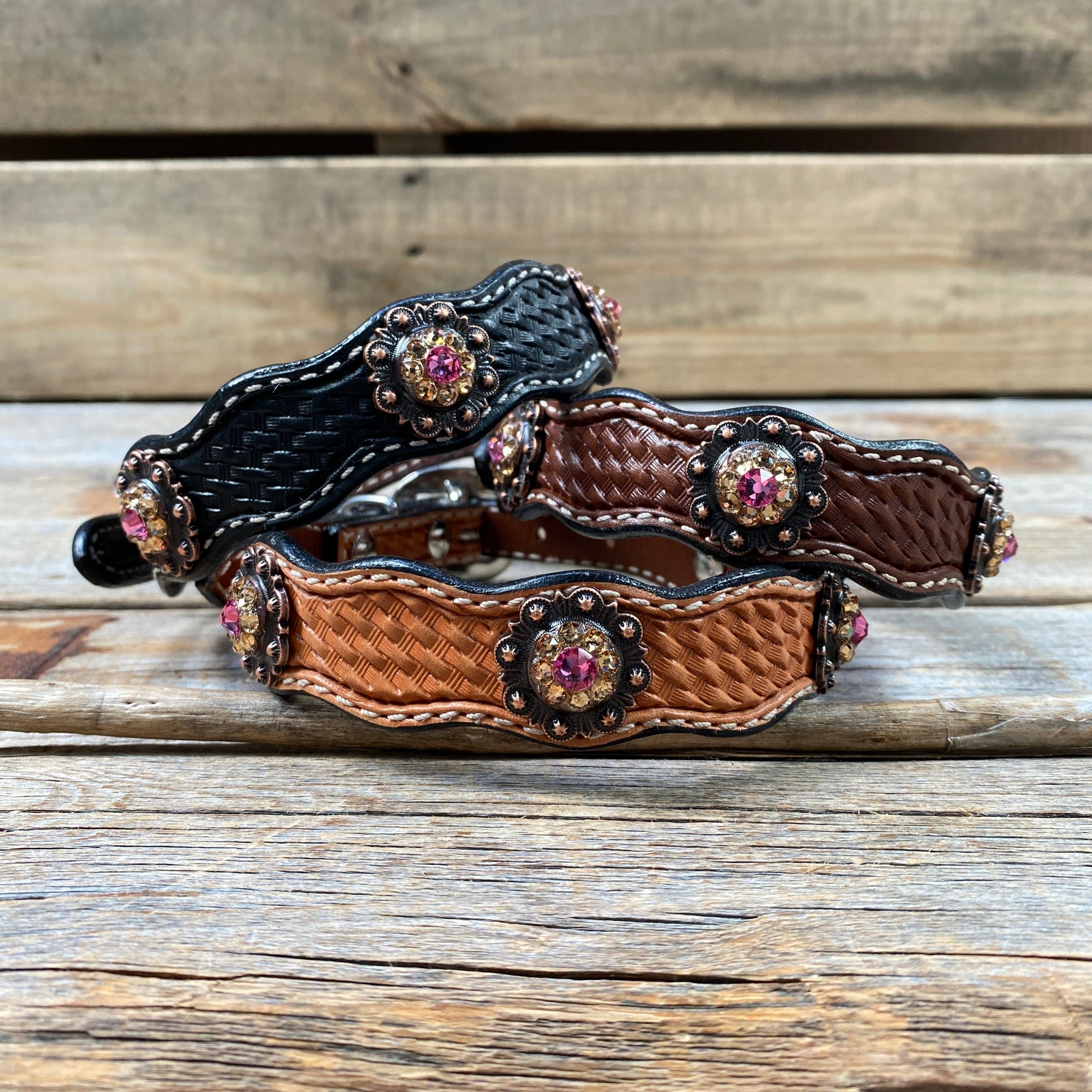 Genuine Leather  Dog Collar or Leash With Copper Pink and Champagne Conchos 10" to 22" orDC36