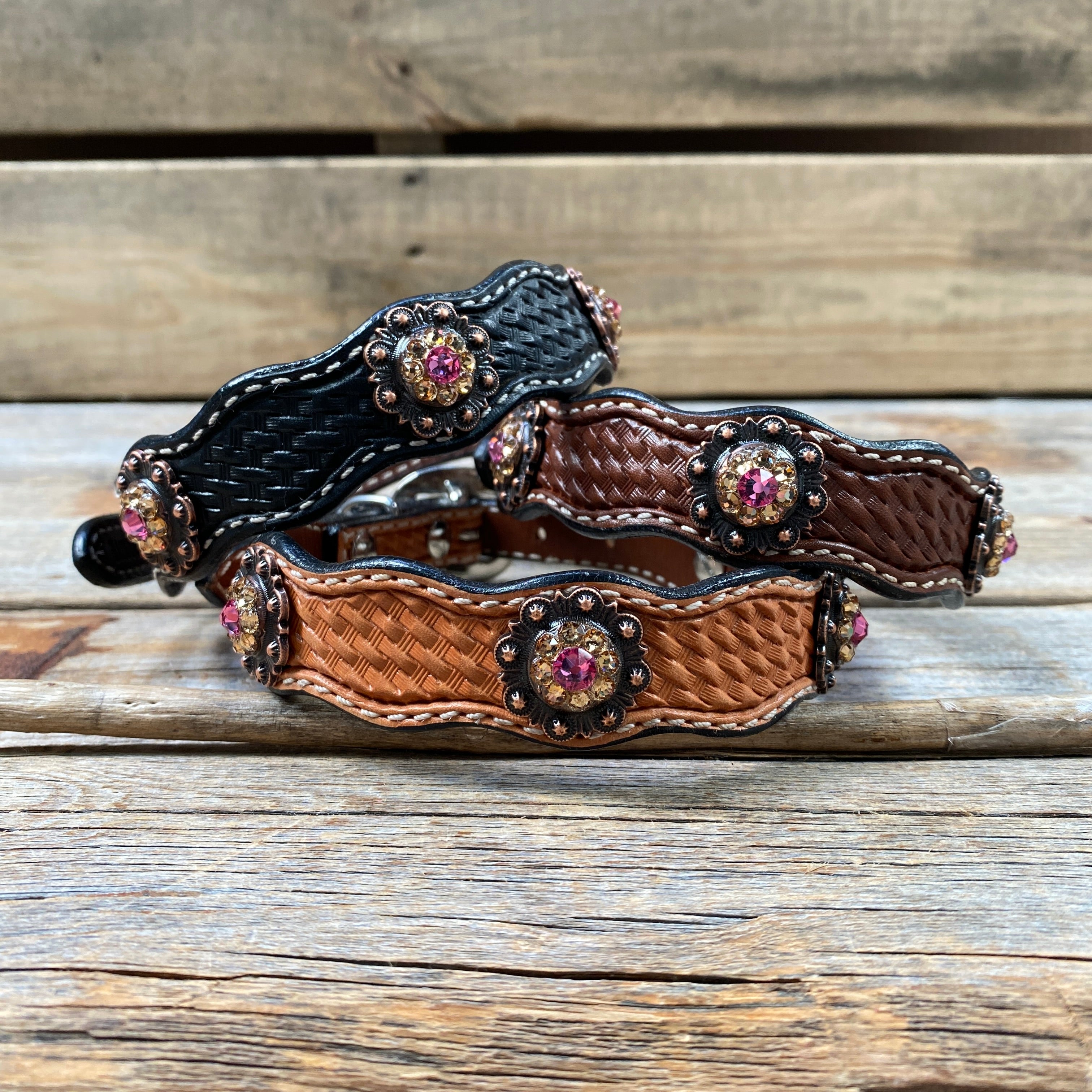 Leather Dog Collar With Copper Pink and Champagne Conchos 10