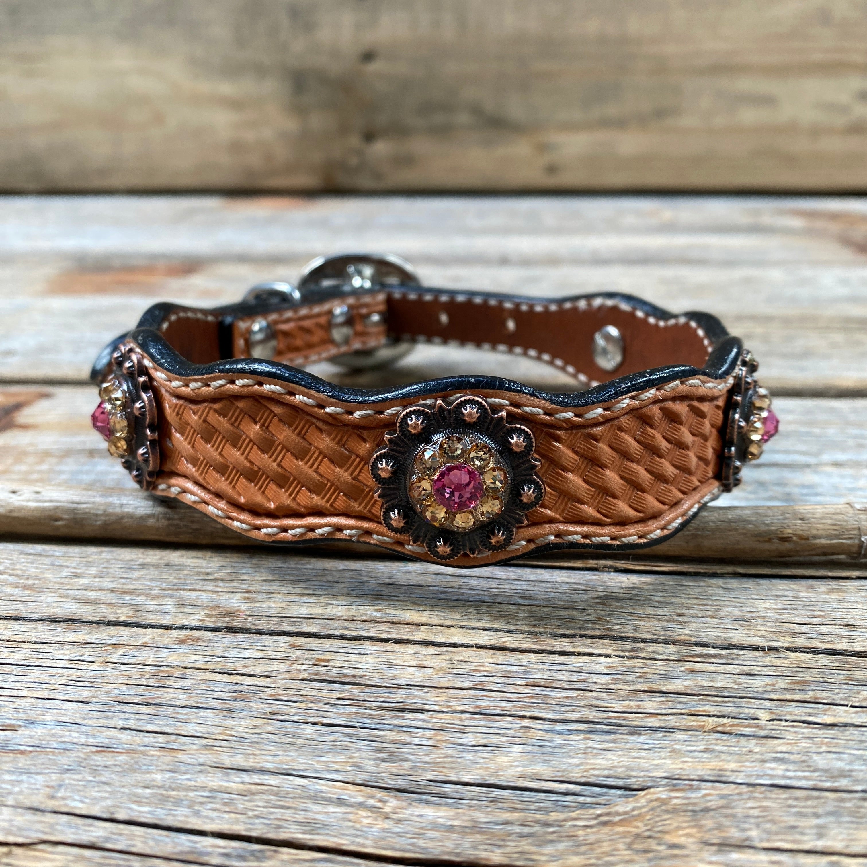 Leather Dog Collar With Copper Pink and Champagne Conchos 10" to 22" -DC36