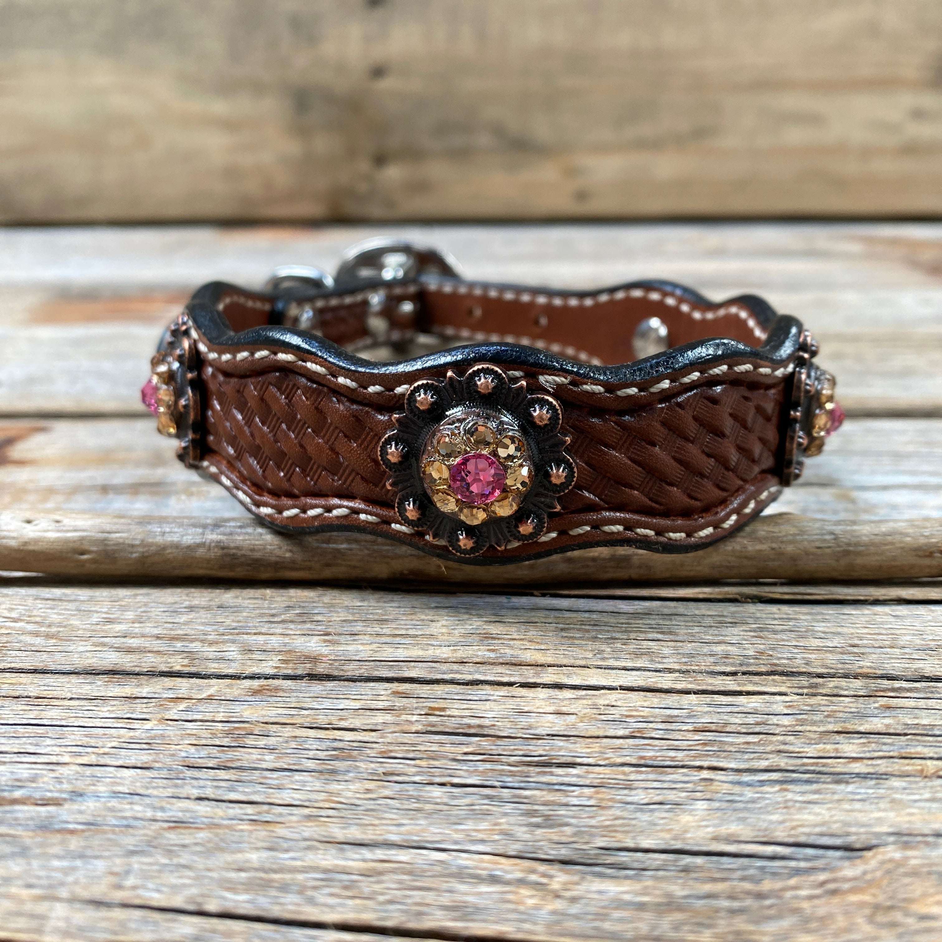 Leather Dog Collar With Copper Pink and Champagne Conchos 10" to 22" -DC36