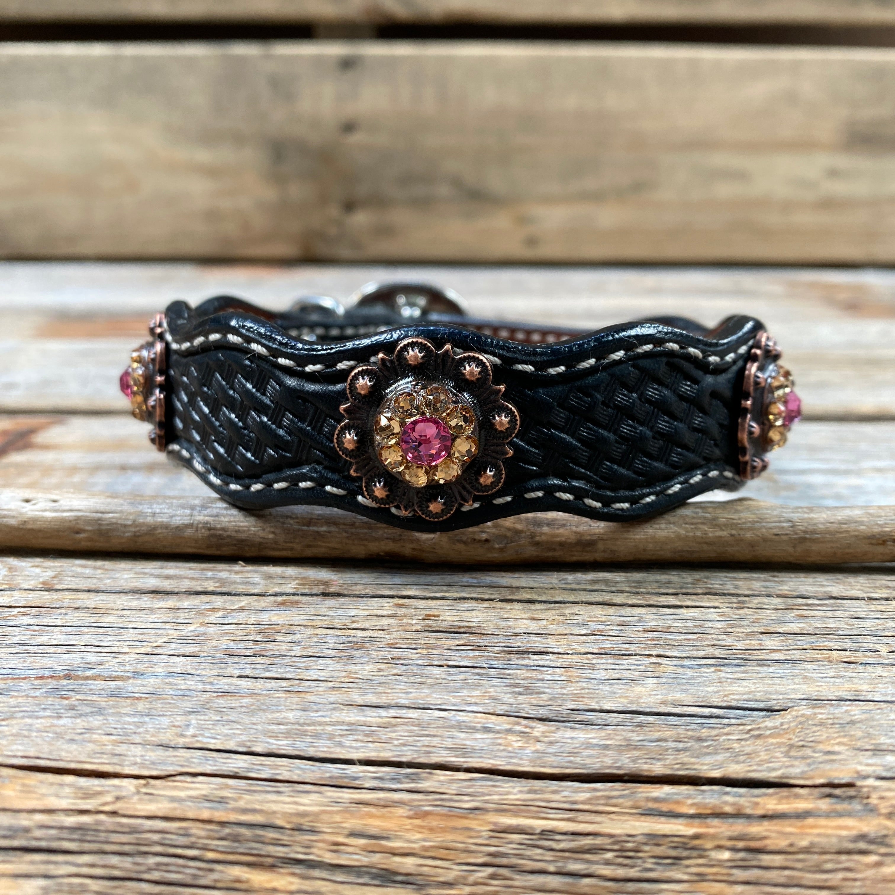 Leather Dog Collar With Copper Pink and Champagne Conchos 10