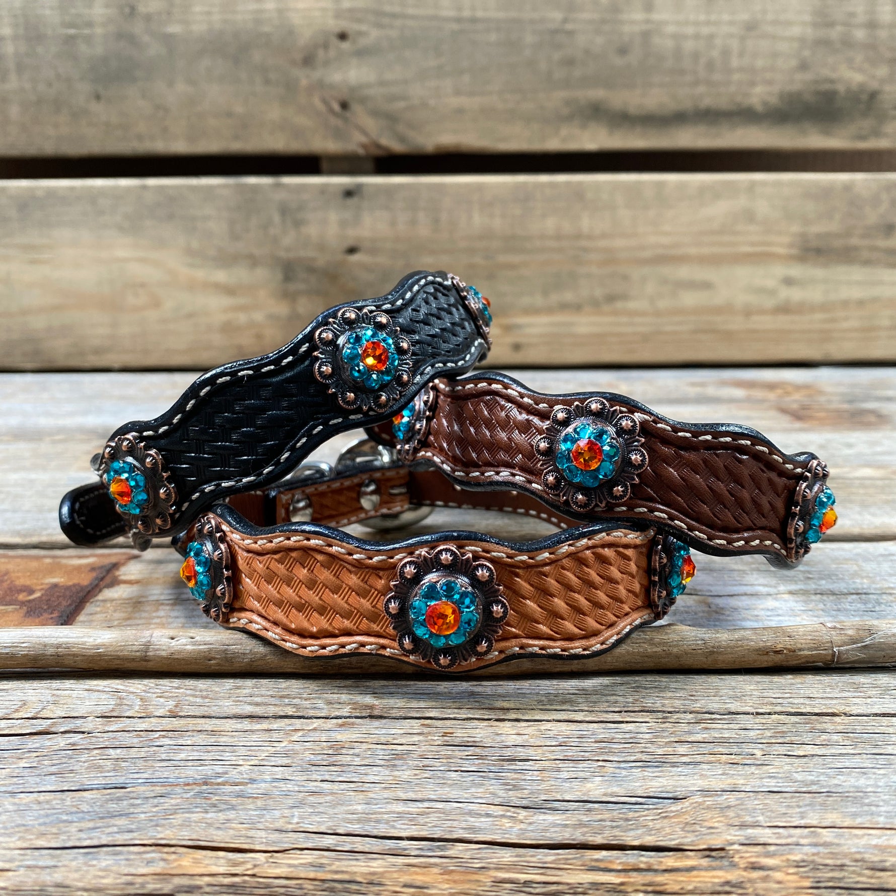 Genuine Leather Dog Collar With Copper Fire Opal and Teal Conchos 10" to 22" -DC37