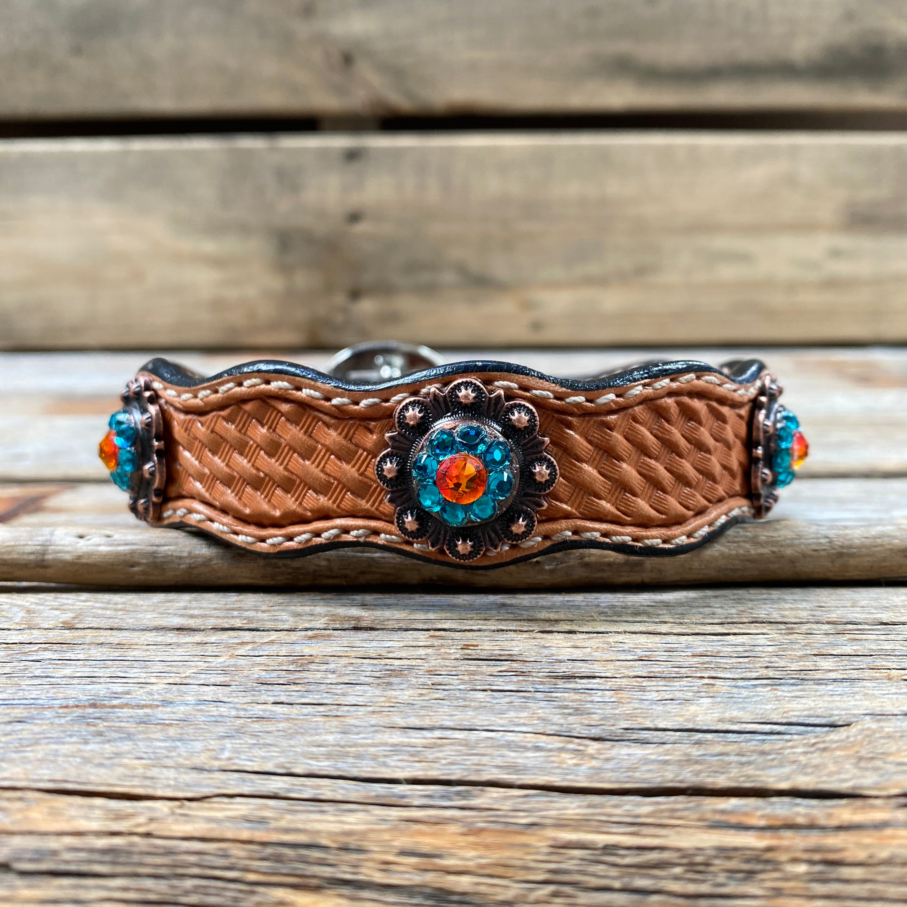 Leather Dog Collar With Copper Fire Opal and Teal Conchos 10
