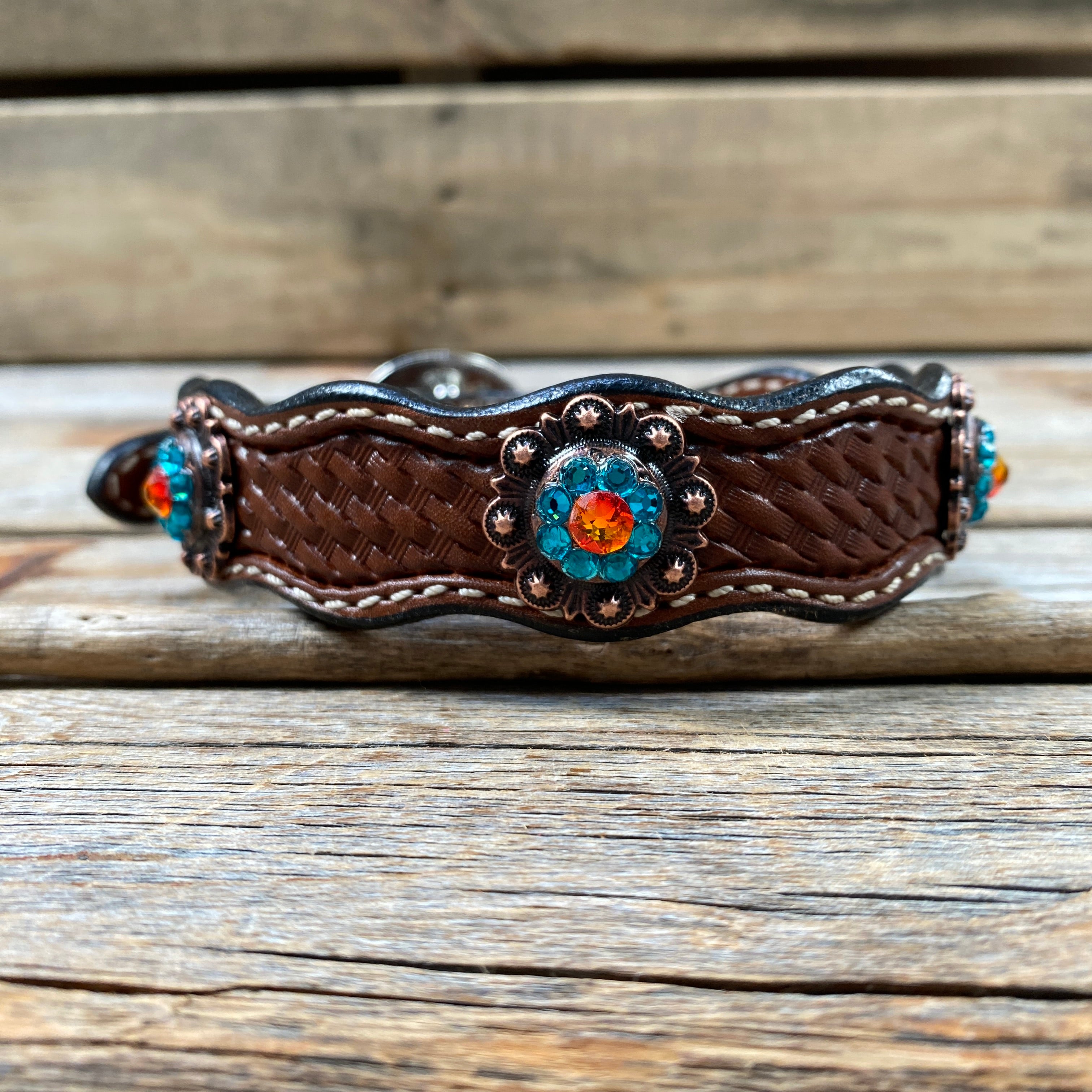Leather Dog Collar With Copper Fire Opal and Teal Conchos 10" to 22" -DC37