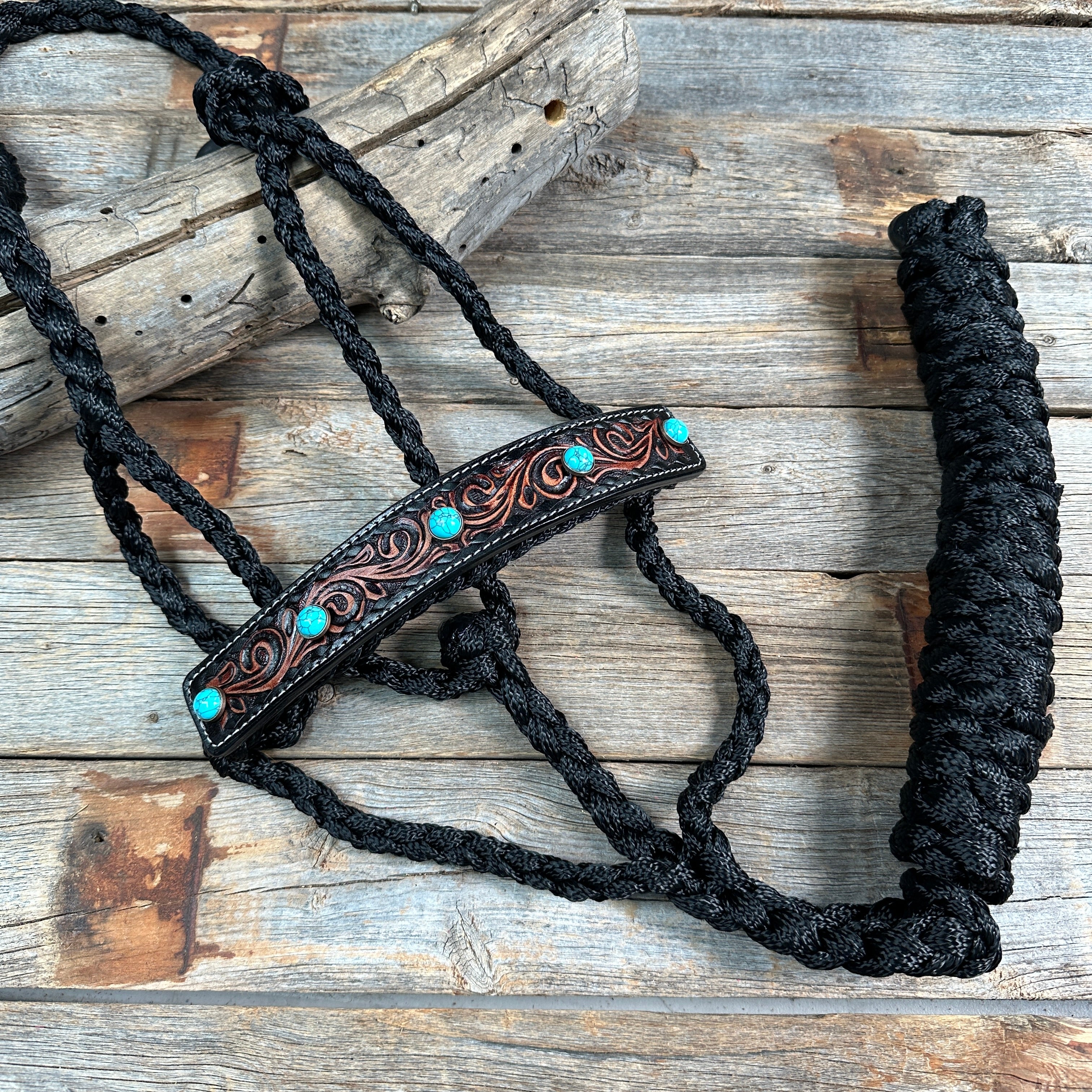 Black Mule Tape Halter -Turquoise Cabochon #MT226