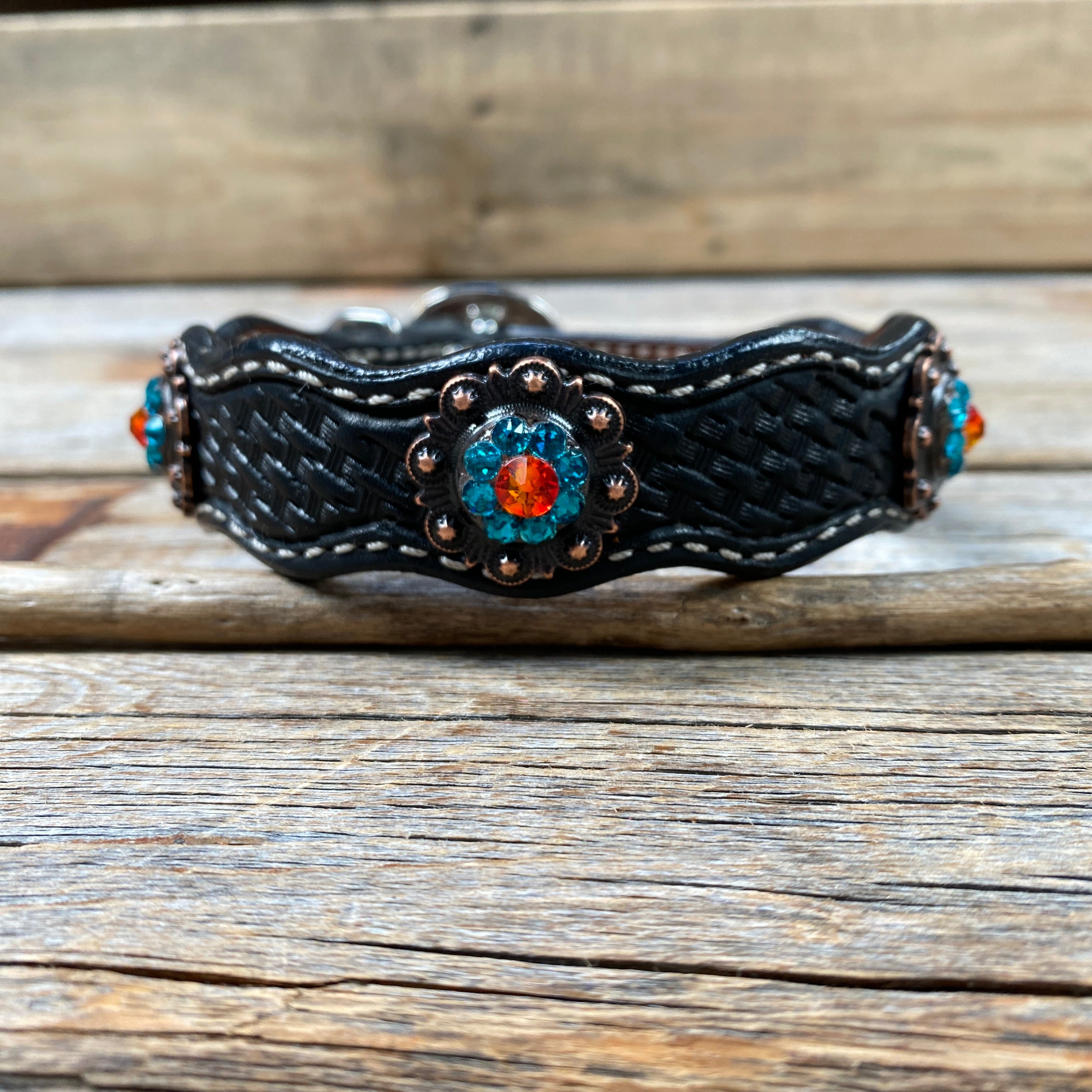 Leather Dog Collar With Copper Fire Opal and Teal Conchos 10" to 22" -DC37