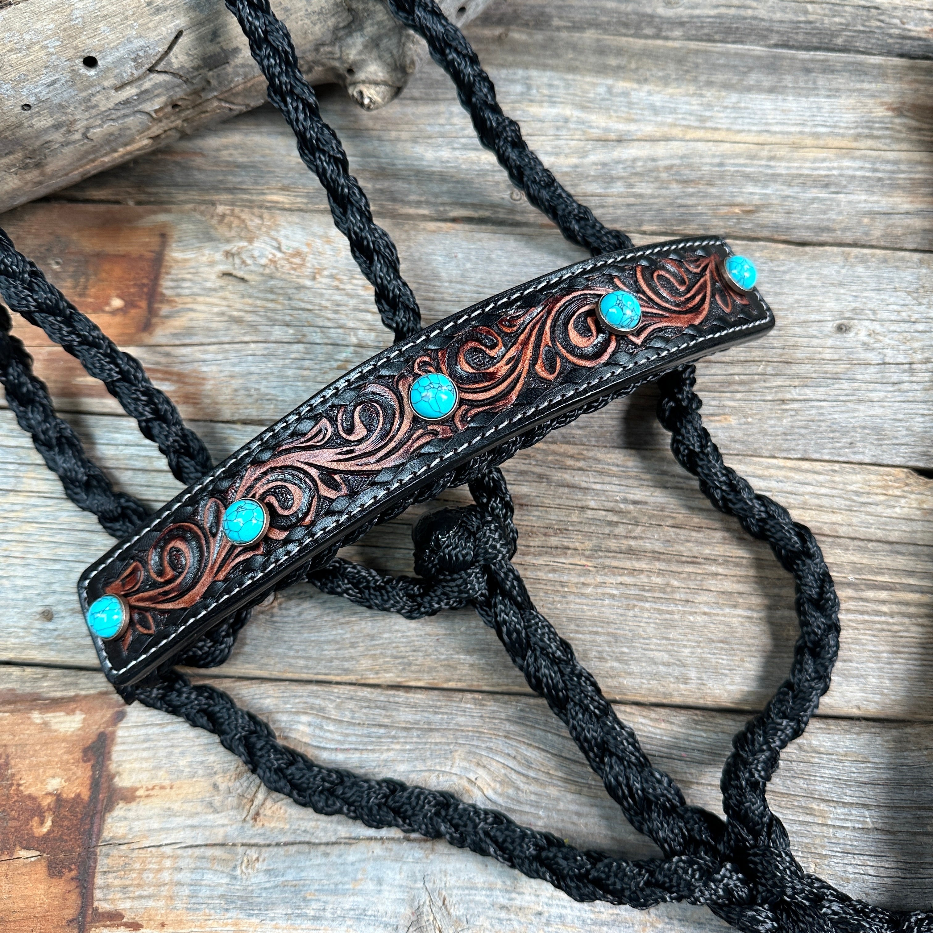 Black Mule Tape Halter -Turquoise Cabochon #MT226
