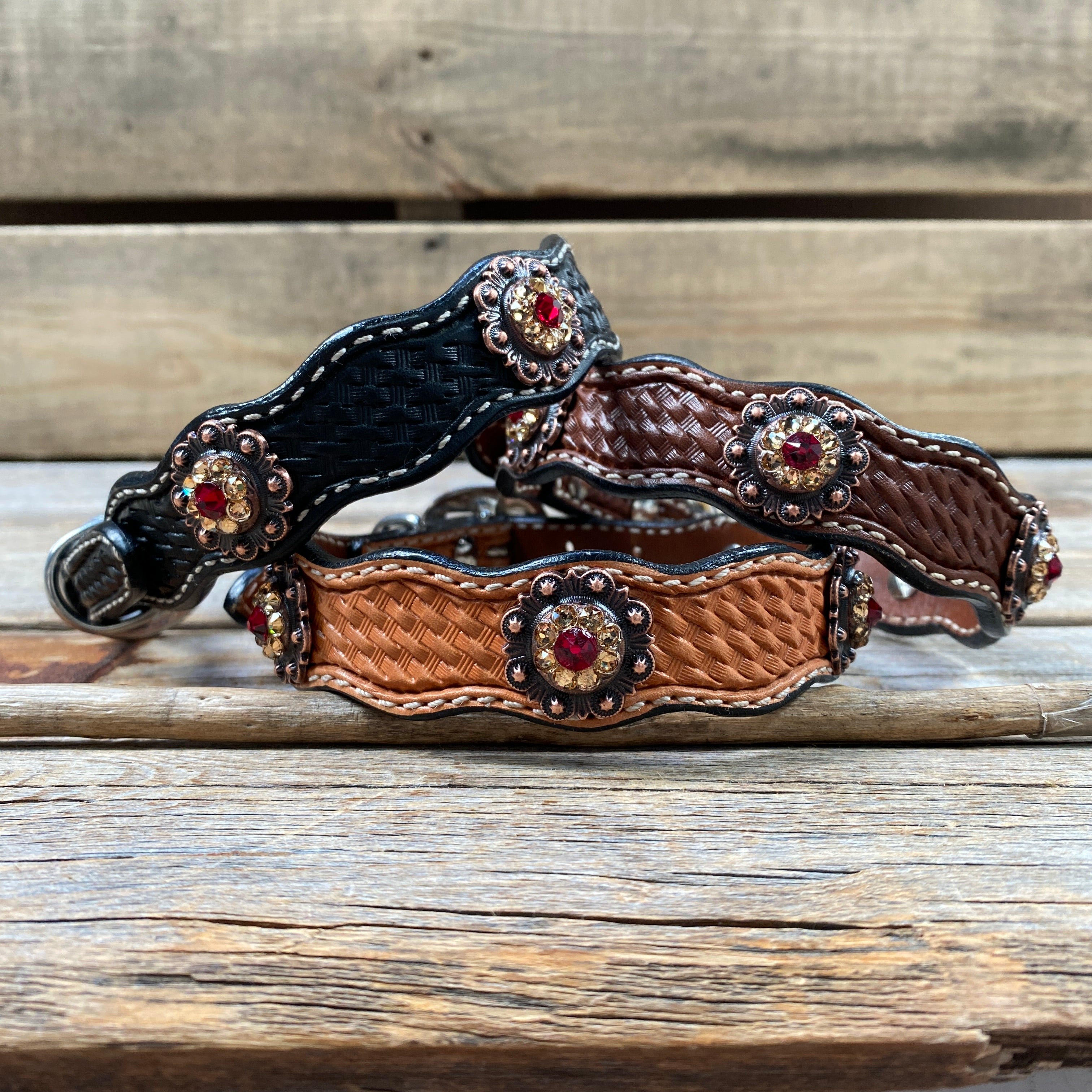 Leather Dog Collar With Copper Ruby and Champagne Conchos 10" to 22" -DC38