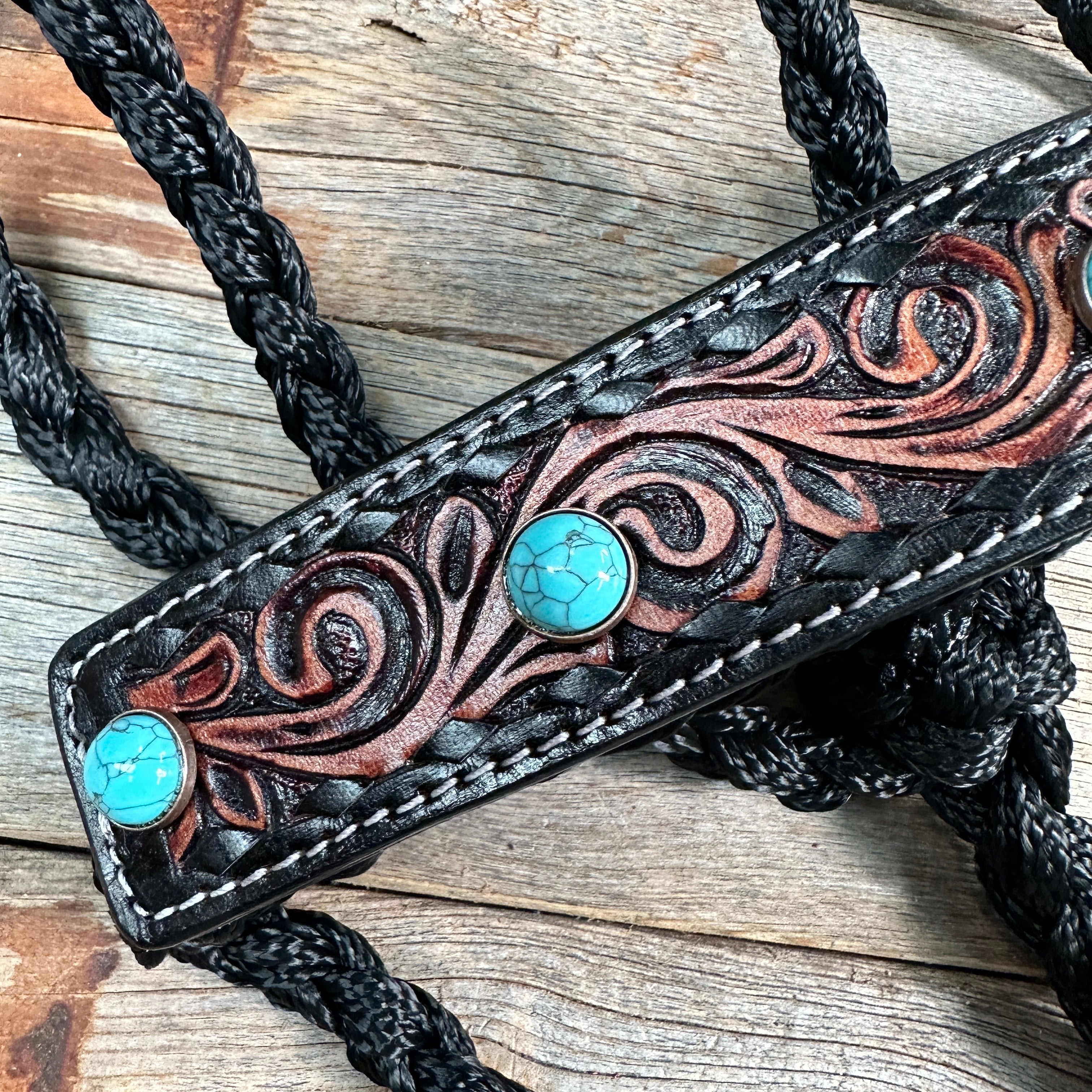 Black Mule Tape Halter -Turquoise Cabochon #MT226