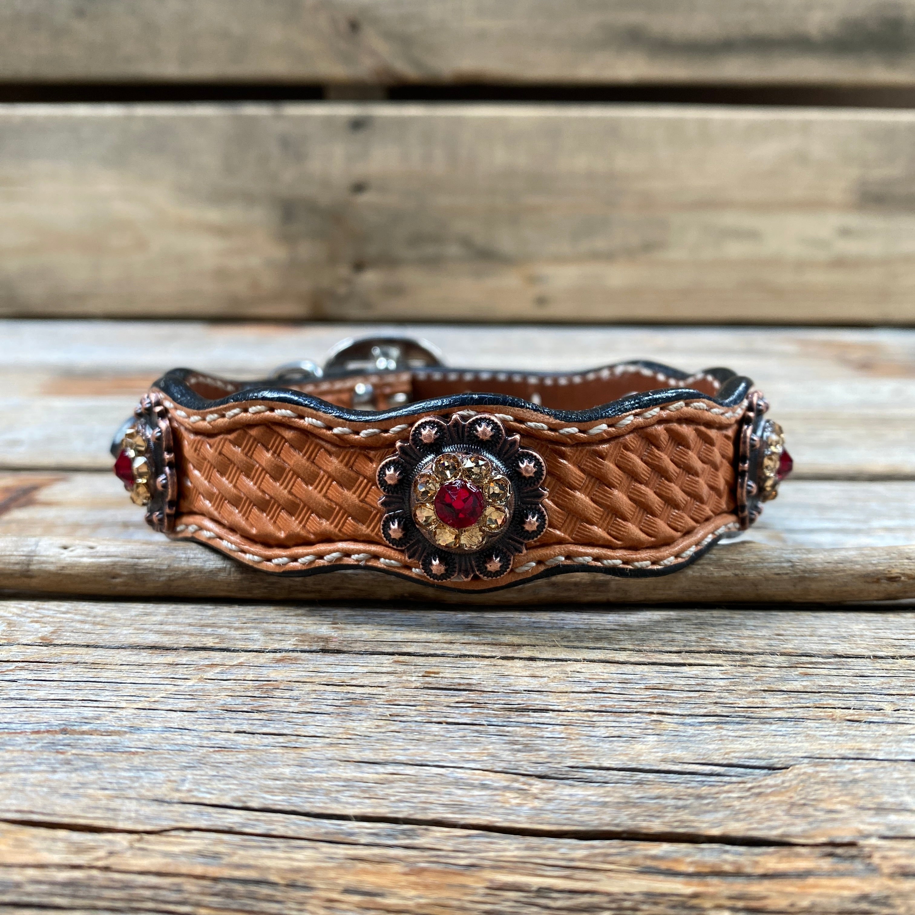 Leather Dog Collar With Copper Ruby and Champagne Conchos 10" to 22" -DC38