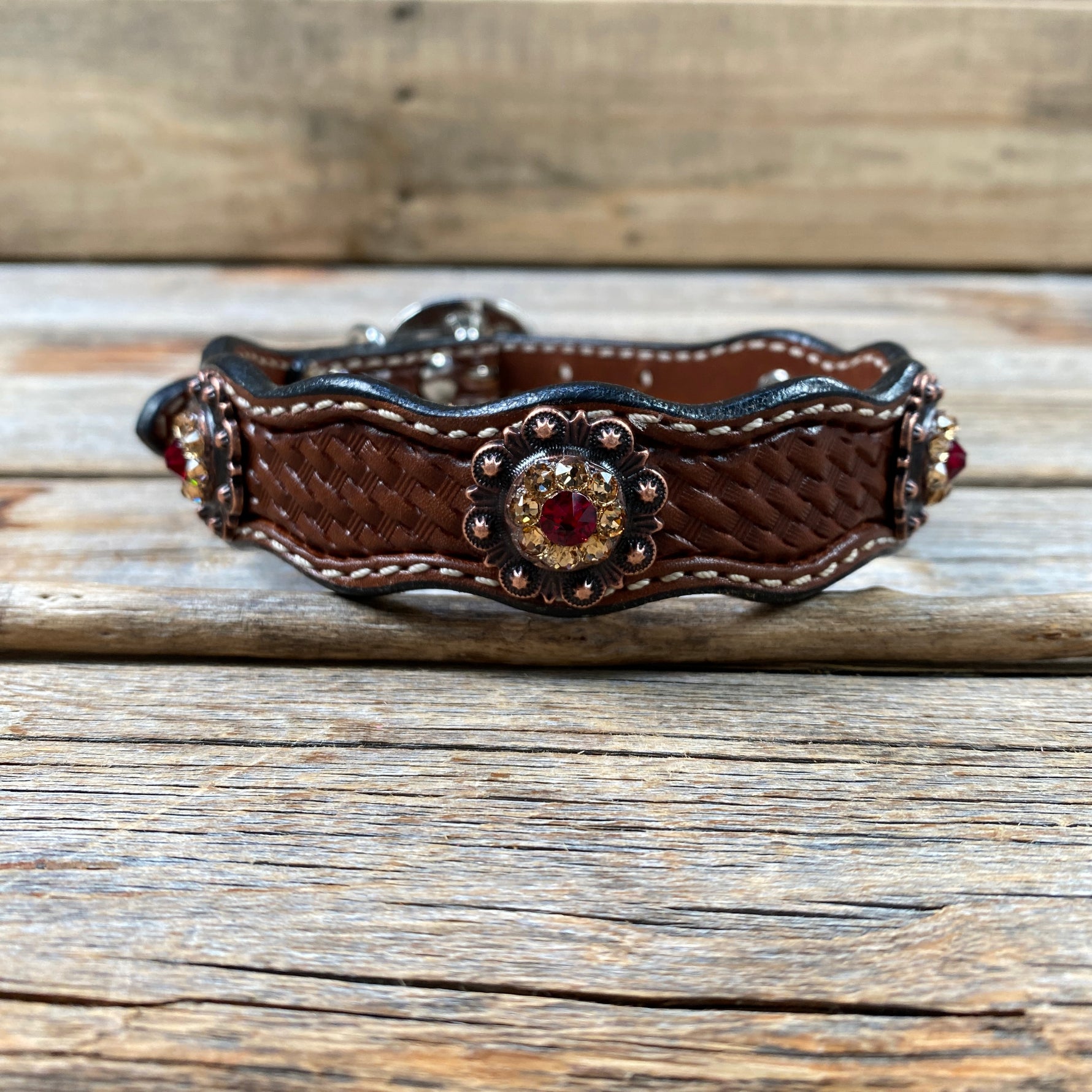 Genuine Leather Dog Collar or Leash With Copper Ruby and Champagne Conchos 10" to 22" orDC38