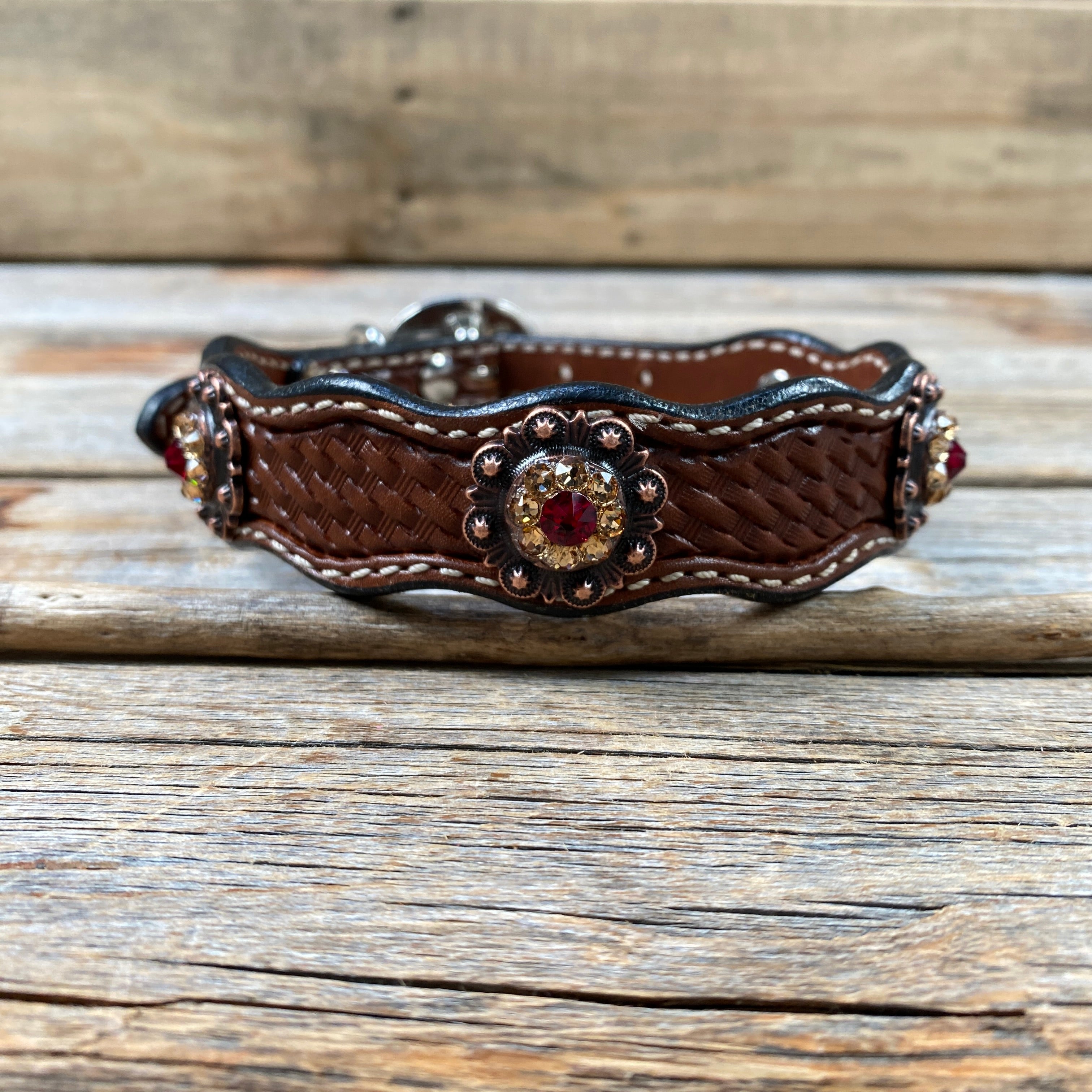 Leather Dog Collar With Copper Ruby and Champagne Conchos 10