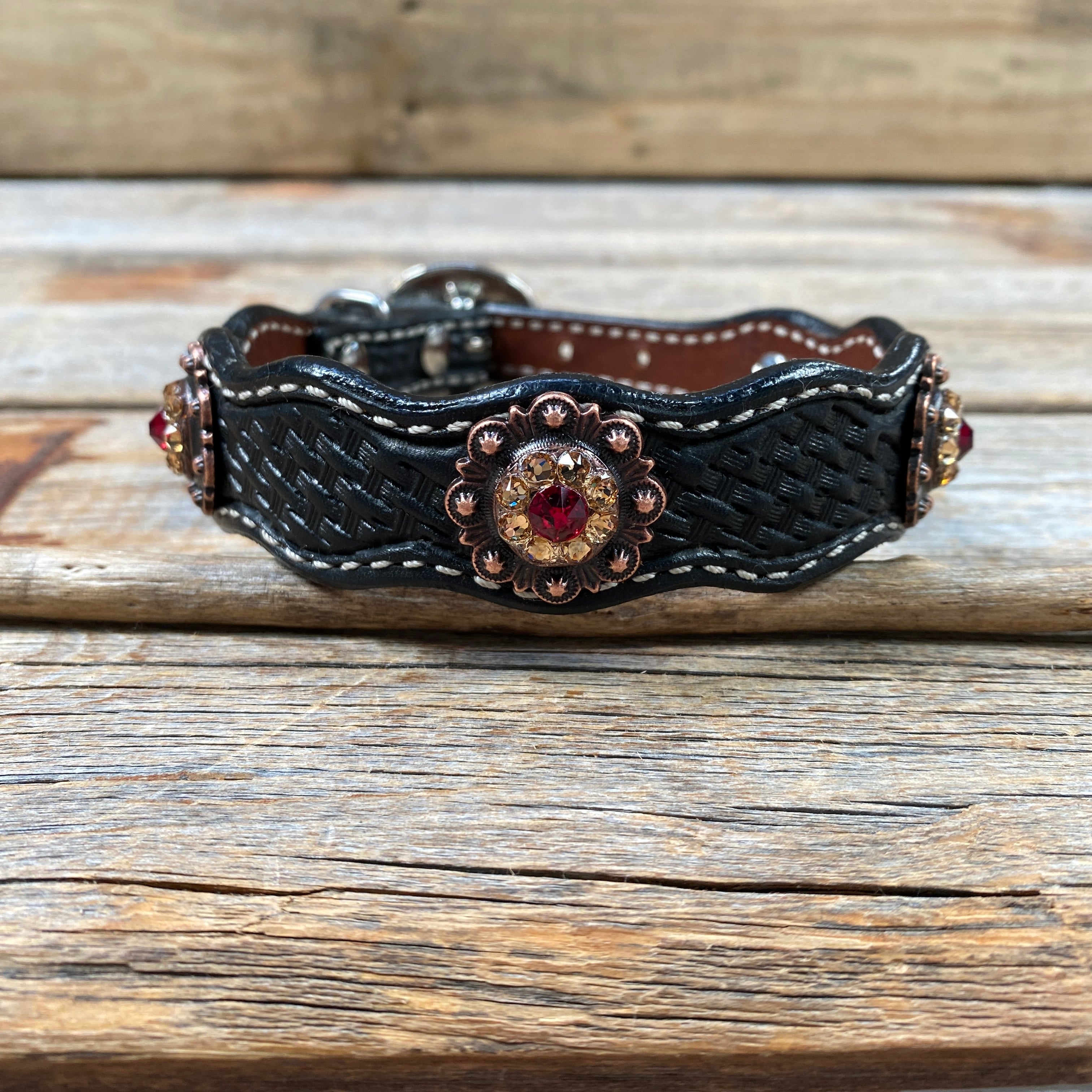 Leather Dog Collar With Copper Ruby and Champagne Conchos 10