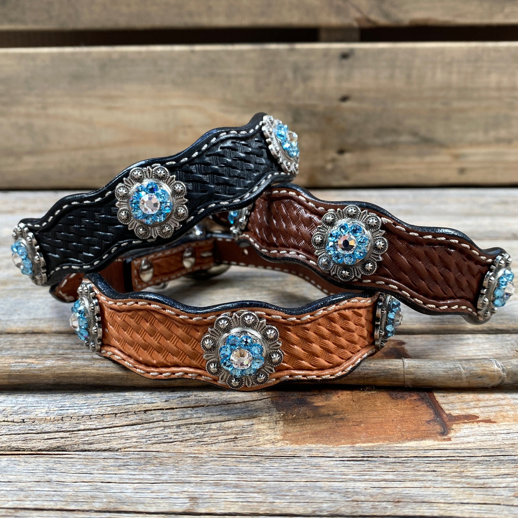 Genuine Leather Dog Collar With Antique Silver Aqua and Clear Conchos 10" to 22" -DC39