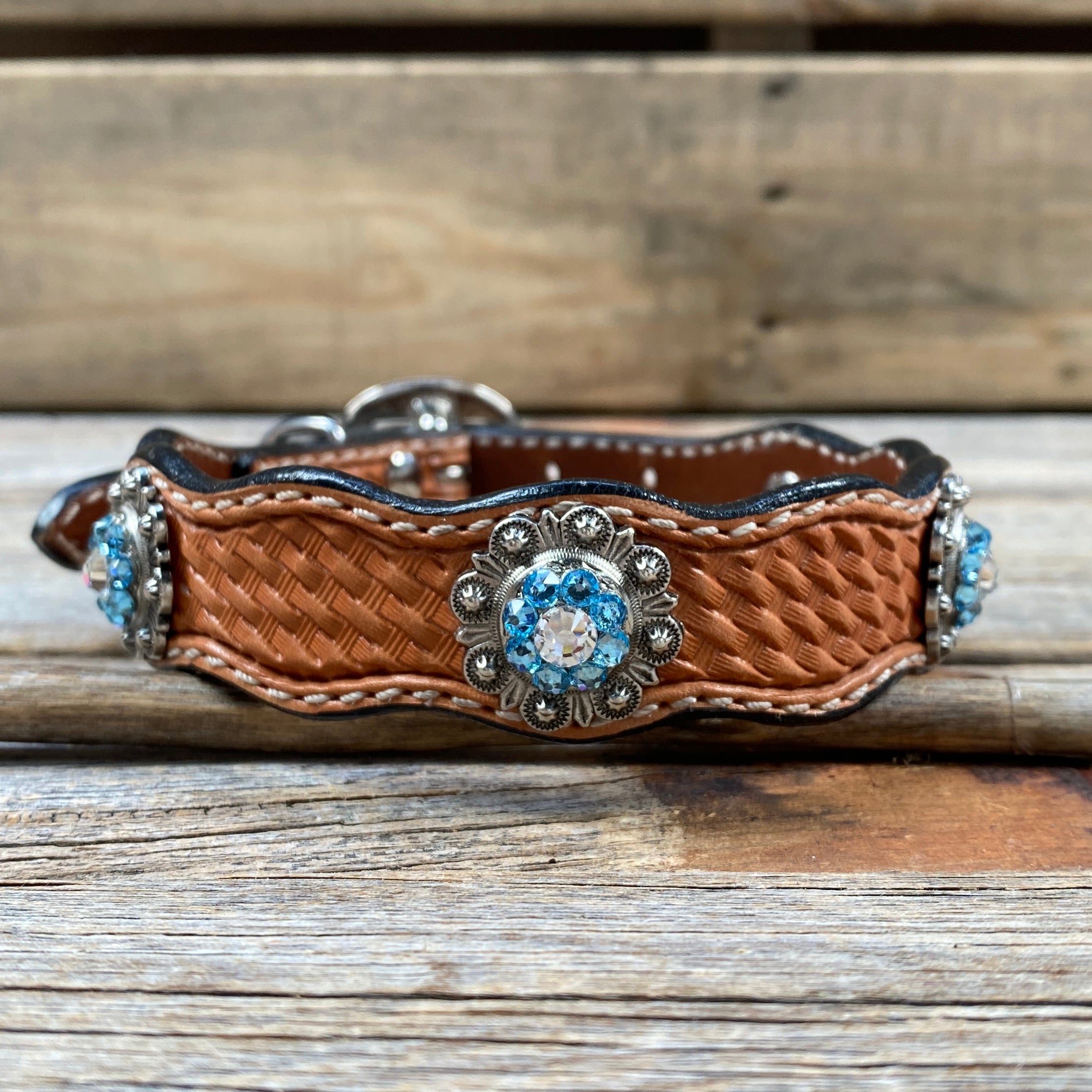 Leather Dog Collar With Antique Silver Aqua and Clear Conchos 10