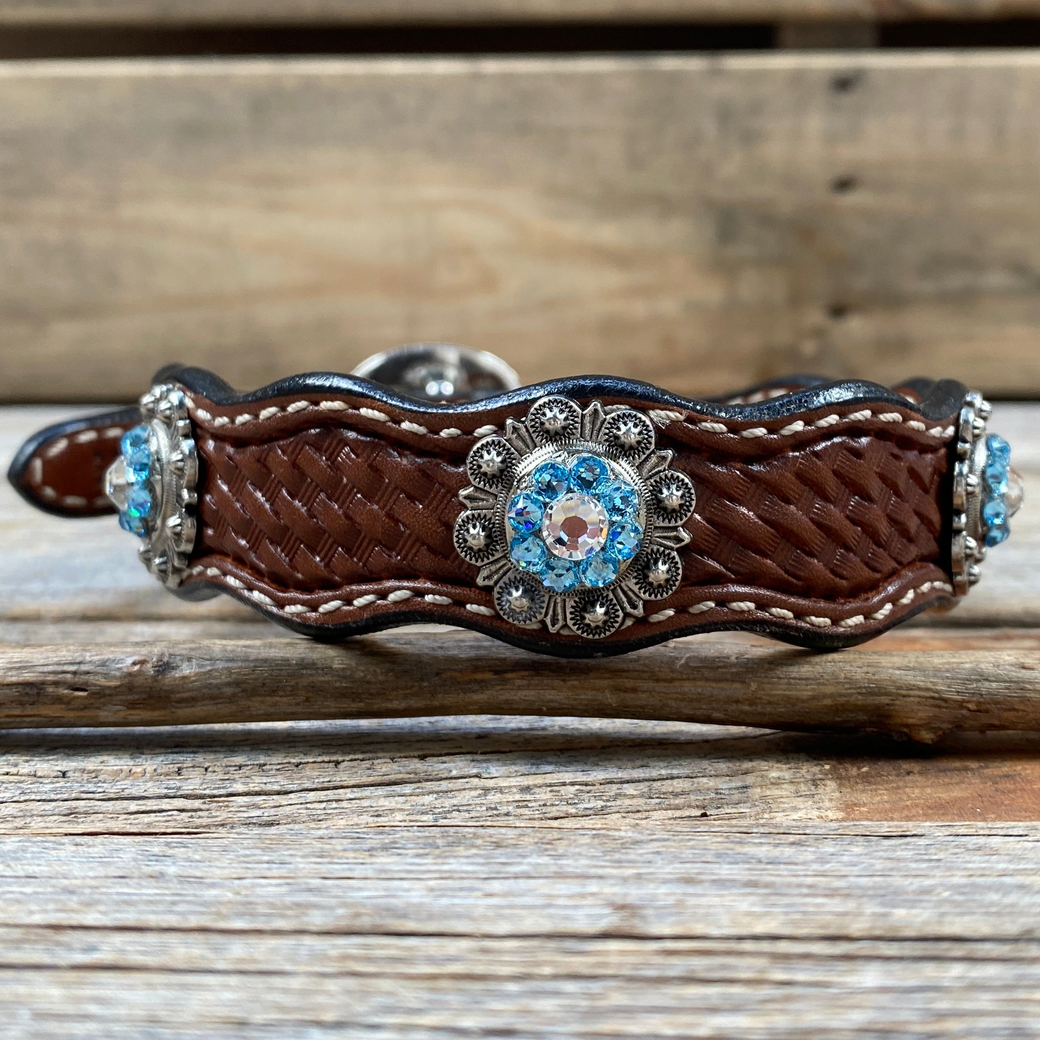 Leather Dog Collar With Antique Silver Aqua and Clear Conchos 10